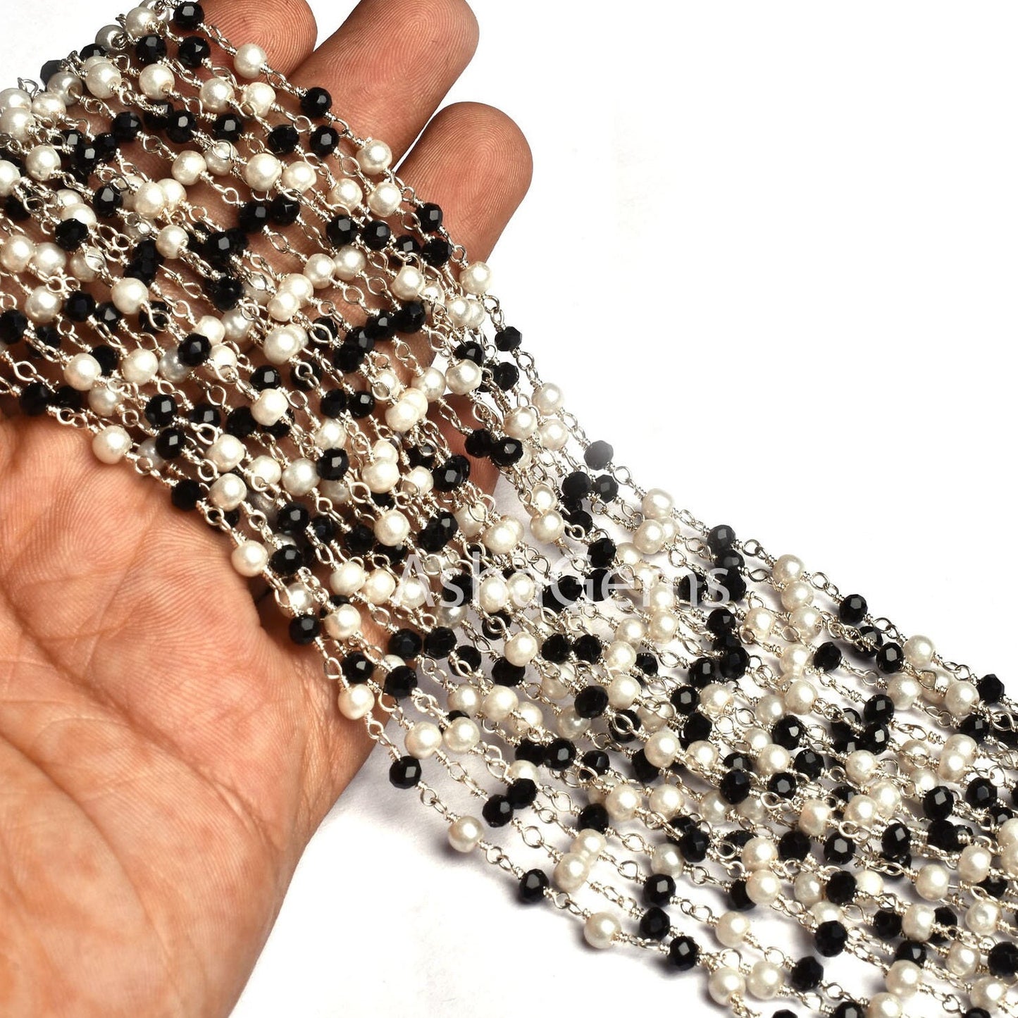 3,5,10,25,50 Feet Pearl Black Onyx Hydro Beads Rosary Chain Silver Plated Chain Faceted Rondelle Beads Rosary Chain Jewelry Making Chain DIY