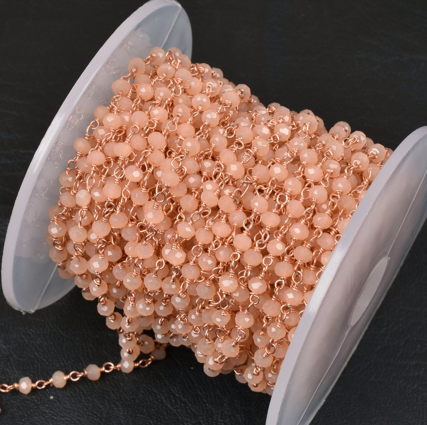 3,5,10,25 Ft,Peach Moonstone Hydro Faceted Rondelle Beaded Rosary Chain Rose Gold Plated,Jewelry Making,Finding,Wire Wrapped Chain,3-3.5 mm