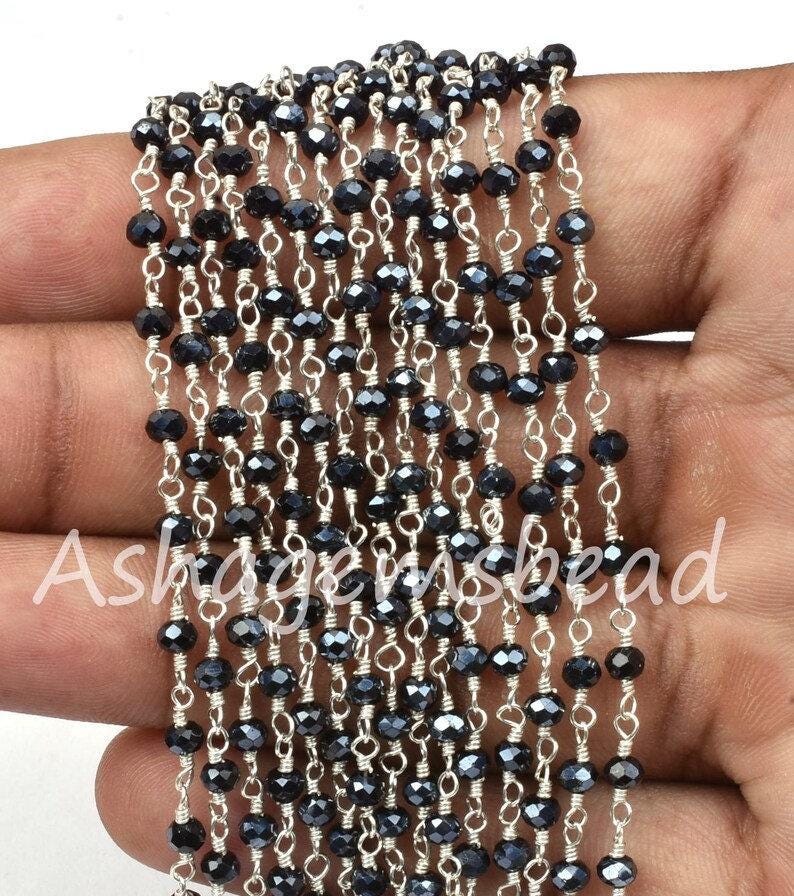 AAA Black Spinel Hydro Silver Coated Beads Rosary Chain By Feet,3mm Silver Plated Wire Wrap Bulk Roll Micro Cut Beads Chain Jewelry Necklace