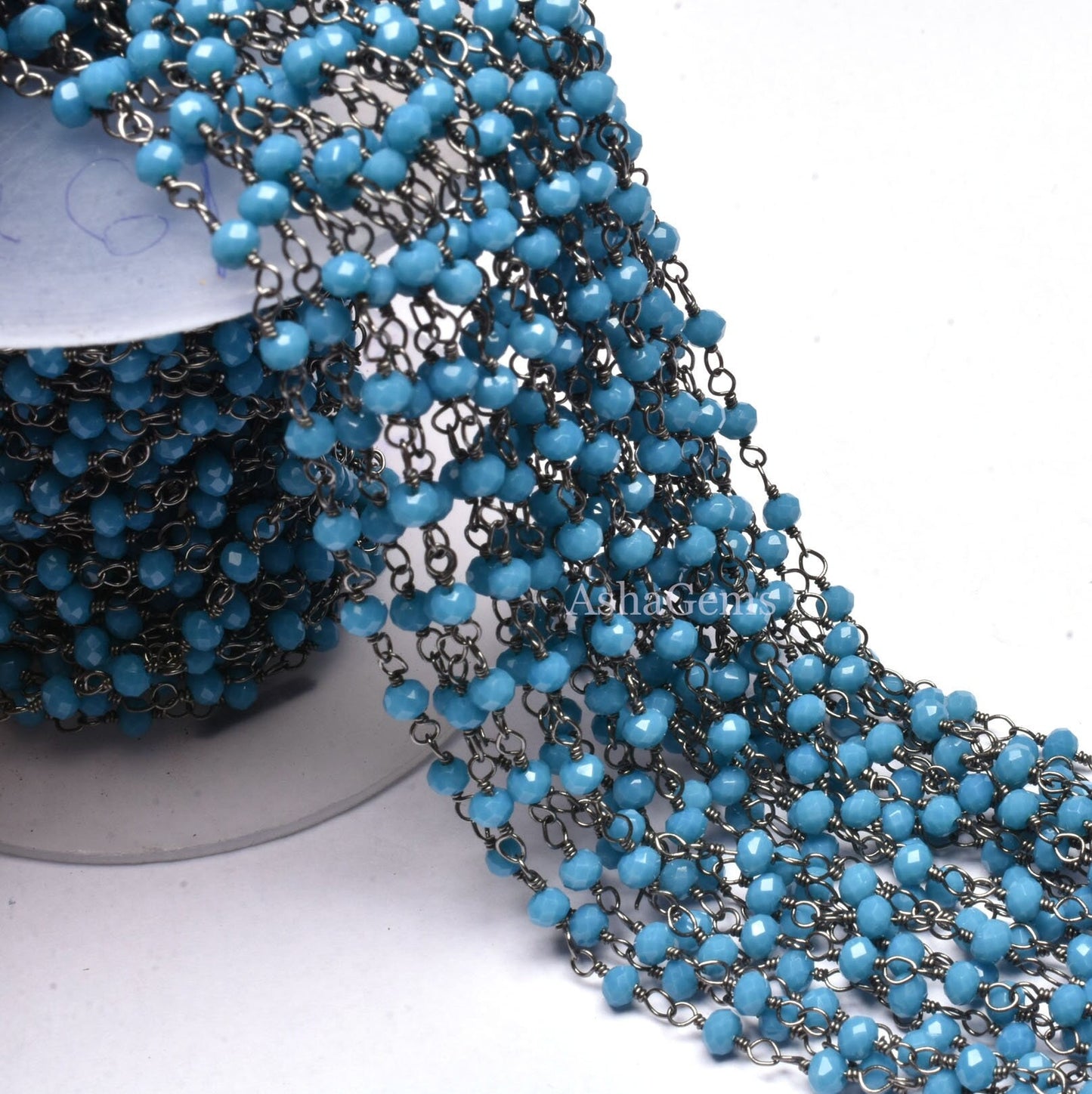 Rosary Chain Blue Turquoise Hydro Beads handmade Chain,3mm Gunmetal Wire Wrap Beaded Faceted Rondelle Chain Rosary Jewelry Making Craft SALE