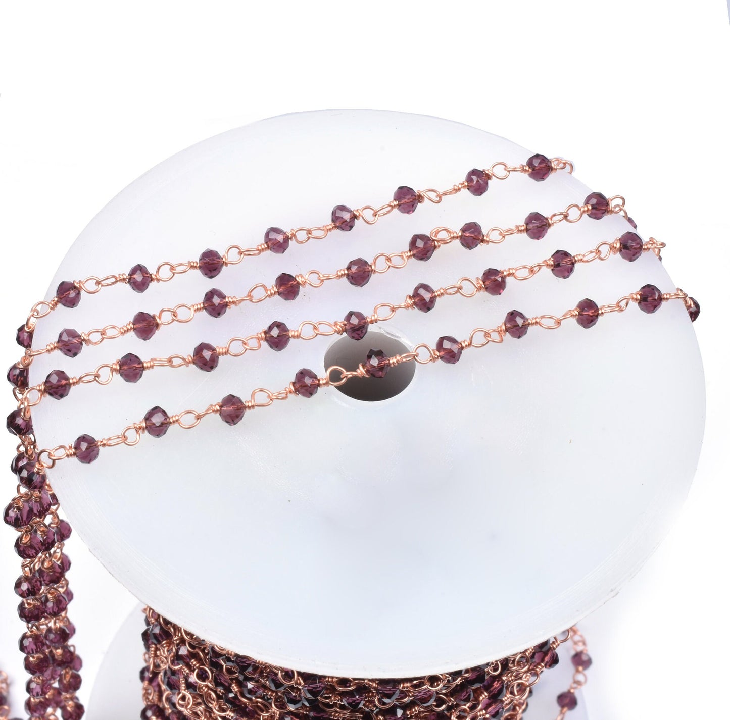 SALE 3,5,10,25 Ft Rhodolite Garnet Hydro Faceted Rondelle Beaded Rosary Chain Rose Gold Plated Wire,Jewelry Making Finding, Chain 3-3.5mm