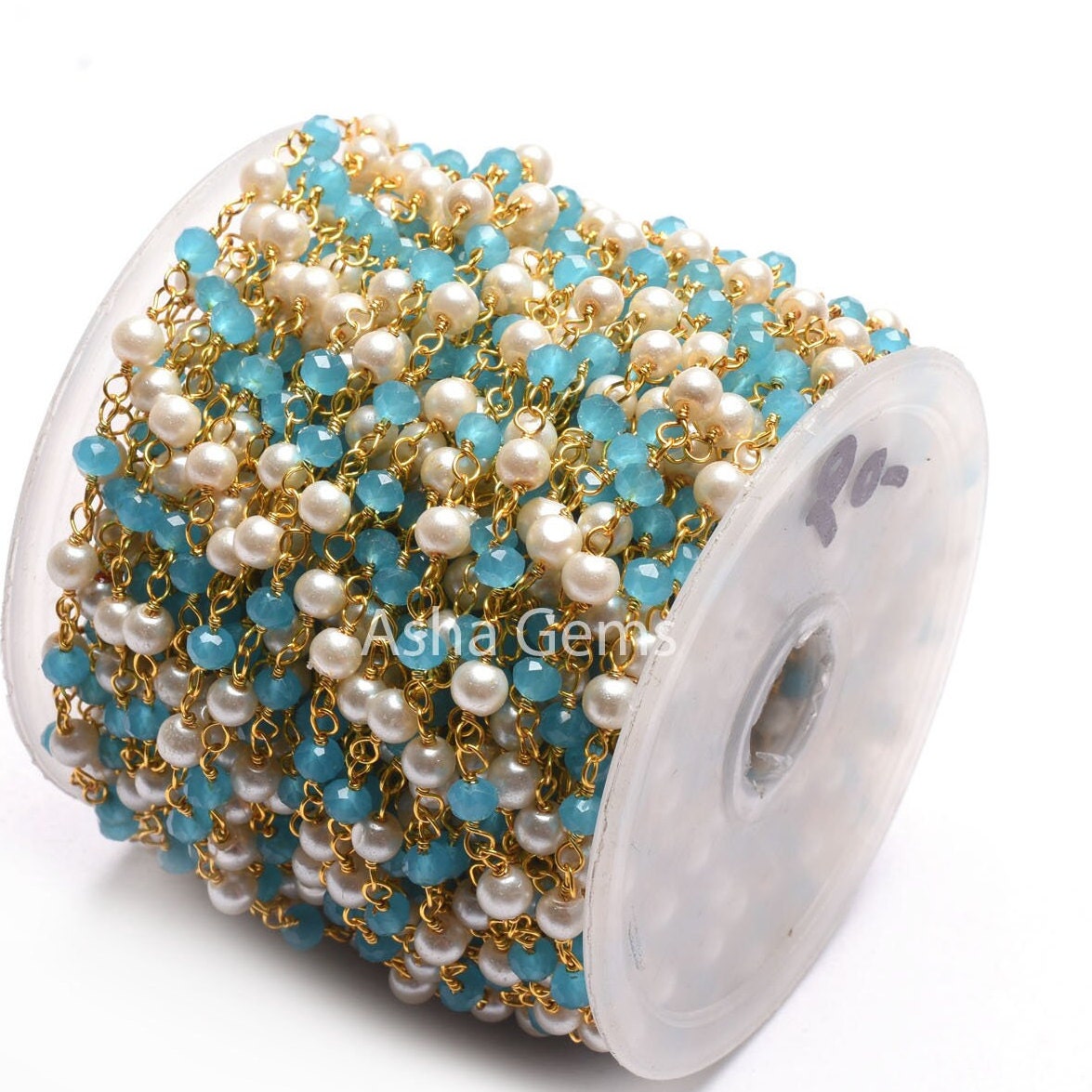 Beautiful Pearl, Blue Chalcedony Hydro Beads Rosary Chain,4 mm Multi Color Rondelle Gold Plated Wire Wrap Bulk Handmade Chain Jewelry Making