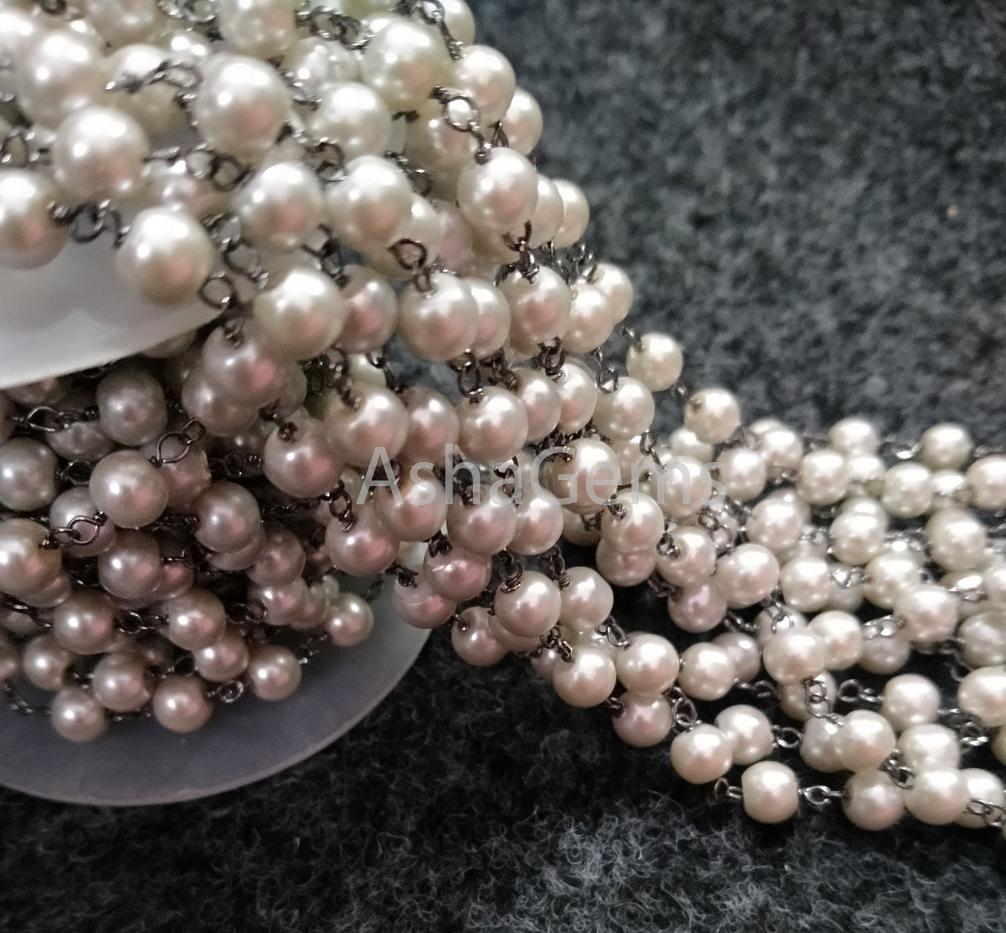 6mm Pearl Hydro Beads Rosary Chain Black Metal Plated Wire Wrapped Chain,1-50 Feet Pearl Gunmetal Beaded Rosary Chain Jewelry Craft Necklace