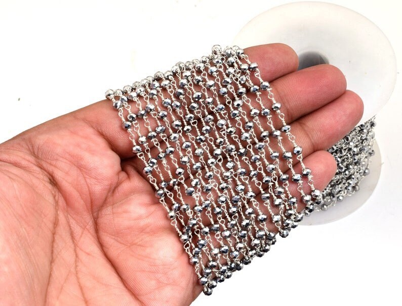 SALE 3,5,10 Feet,Silver Pyrite Hydro Faceted Rondelle Beaded Rosary Chain Silver Plated,Jewelry Making, Finding,Wire Wrapped Chain,3-3.5 mm