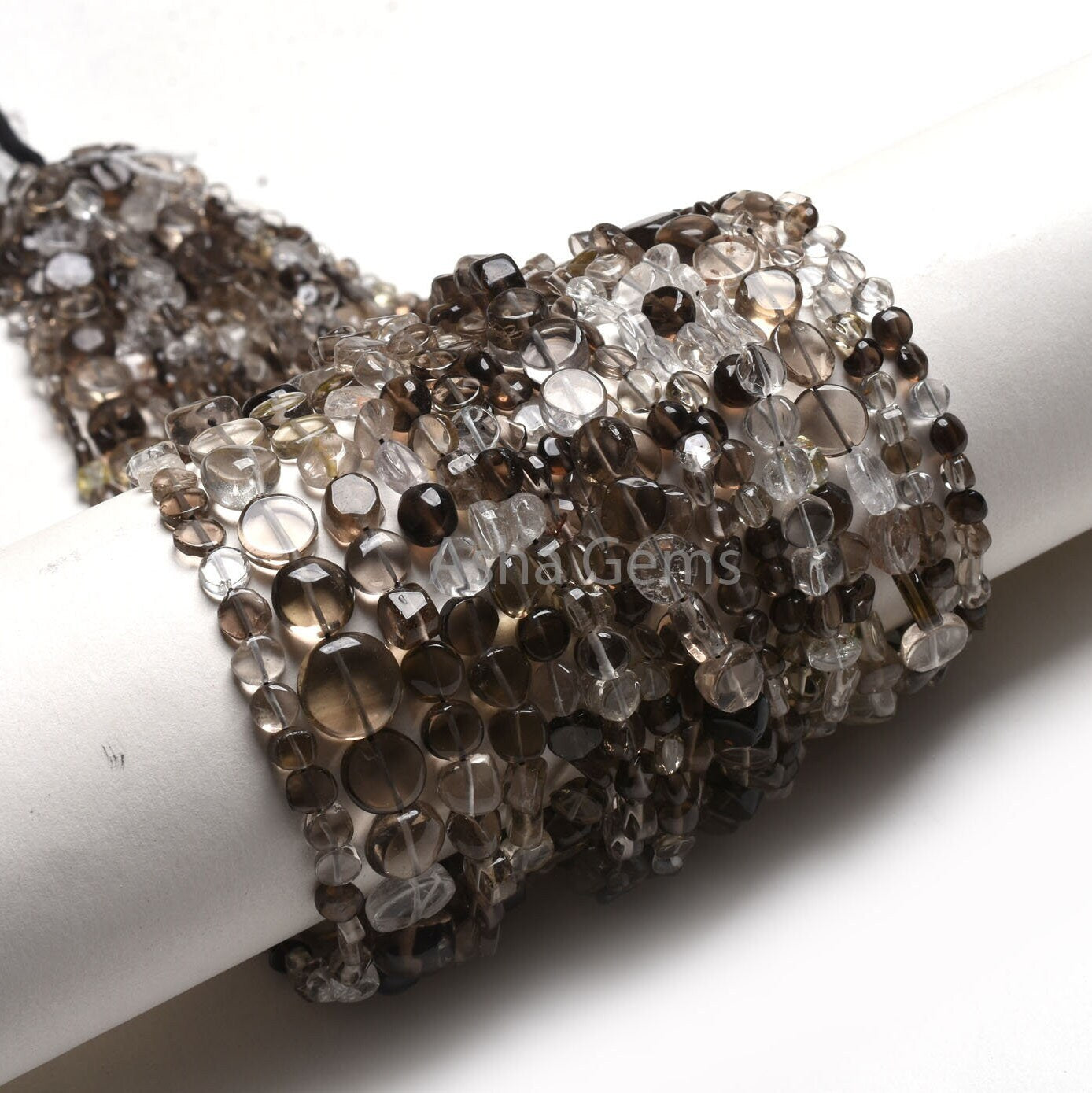 Natural Smoky Quartz Smooth Coin Beads,12" Strand Shaded White Black Plain Handmade Uneven Coin Shape Straight Drill Smoky Bead Jewelry SALE