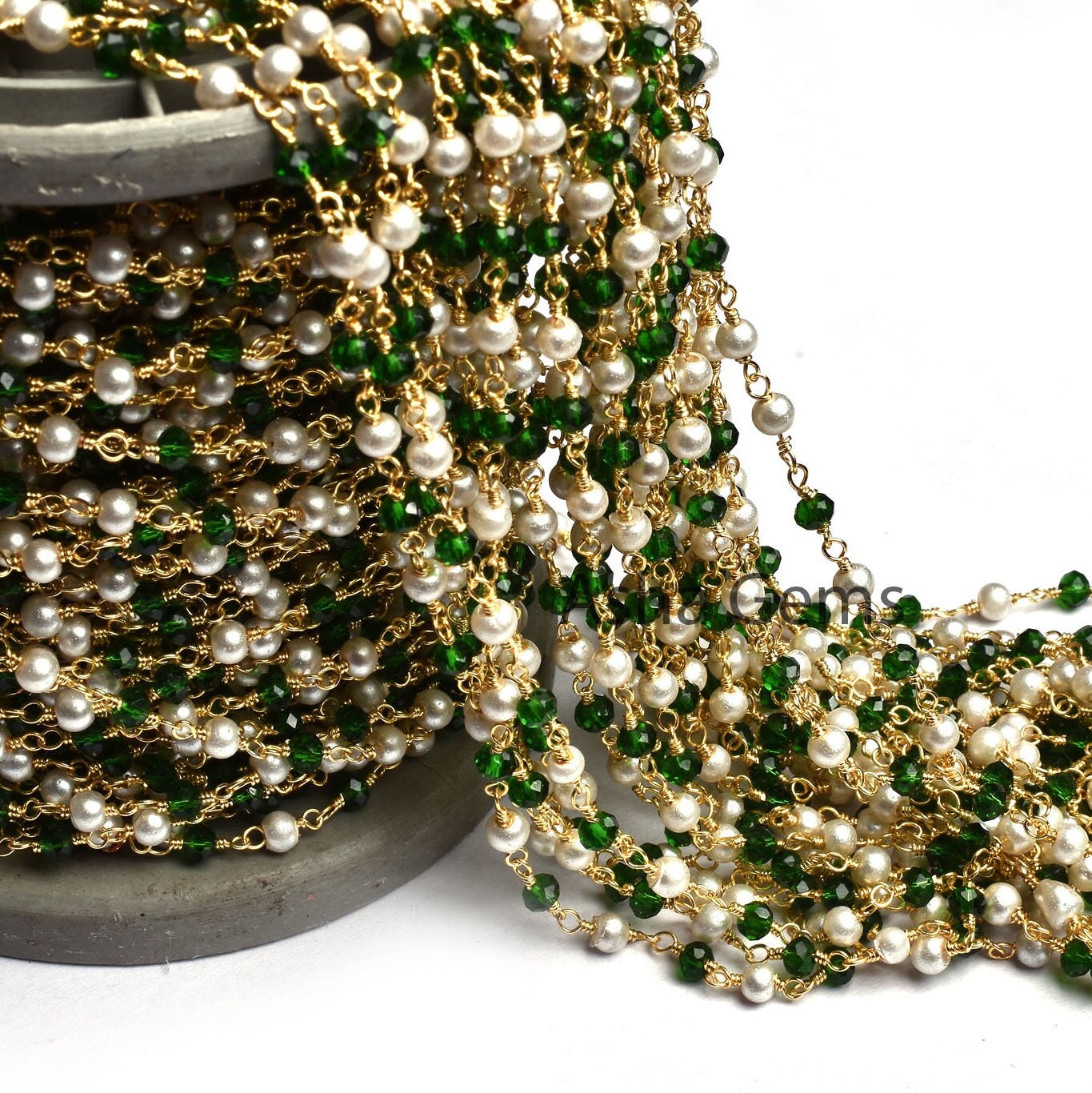 Beautiful White Pearl Chrome Diopside Hydro Faceted Rondelle Beads Rosary Chain Gold Plated Wire Wrapped Chain Jewelry making Finding, Chain