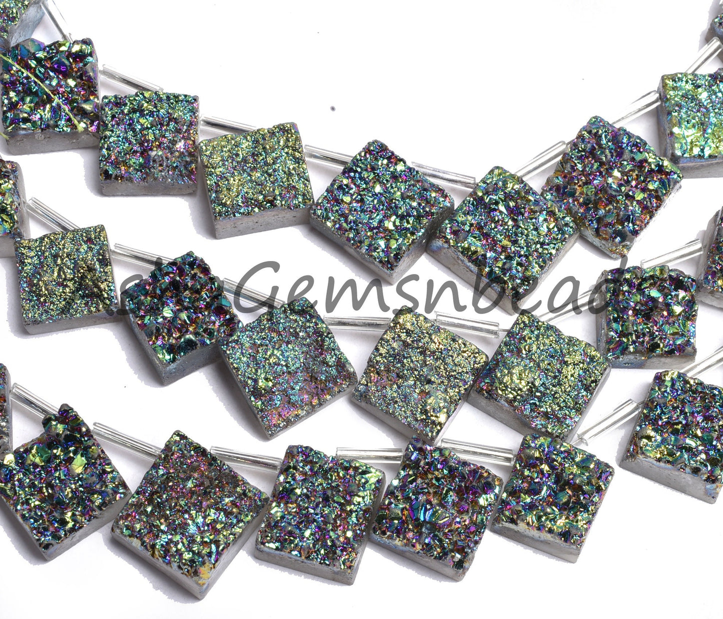 Beautiful Rare Green Mystic Druzy Square Shape Gemstone Beads,8" Drusy Beads, Coated Drusy Fancy shape Side Drill Beads Jewelry Making Craft