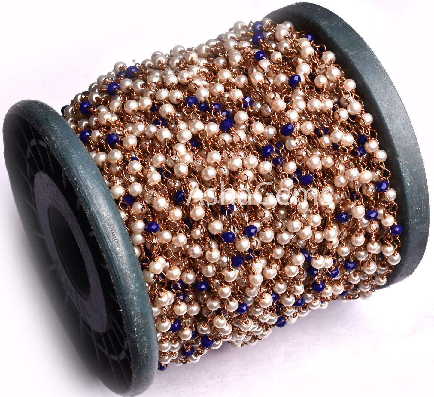 Beautiful Pearl Blue Lapis Hydro Rondelle Beads Rosary Chain Rose Gold Plated Copper Wire Wrap Beaded Rosary Chain For Jewelry making Crafts