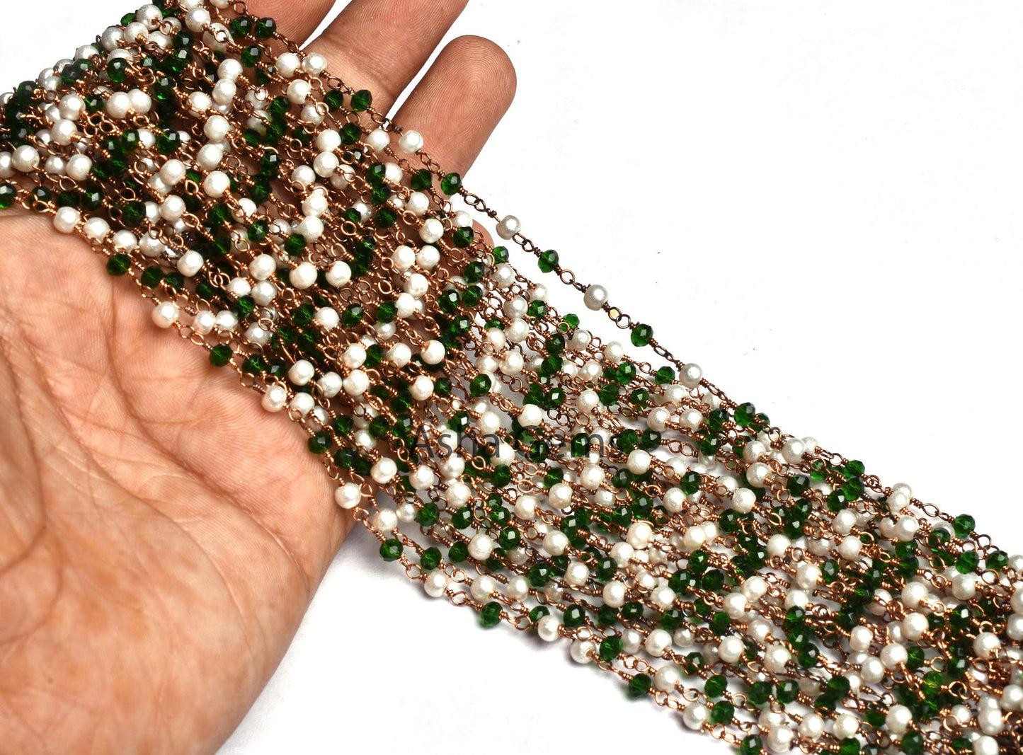 Chain White Pearl Chrome Diopside Hydro Beads Rosary Chain, Rose Gold Plated Wire Wrapped Jewelry Necklace making Chain 3 mm Handmade Chain