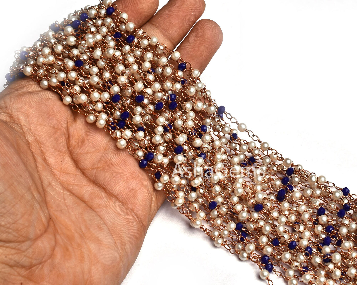 Beautiful Pearl Blue Lapis Hydro Rondelle Beads Rosary Chain Rose Gold Plated Copper Wire Wrap Beaded Rosary Chain For Jewelry making Crafts