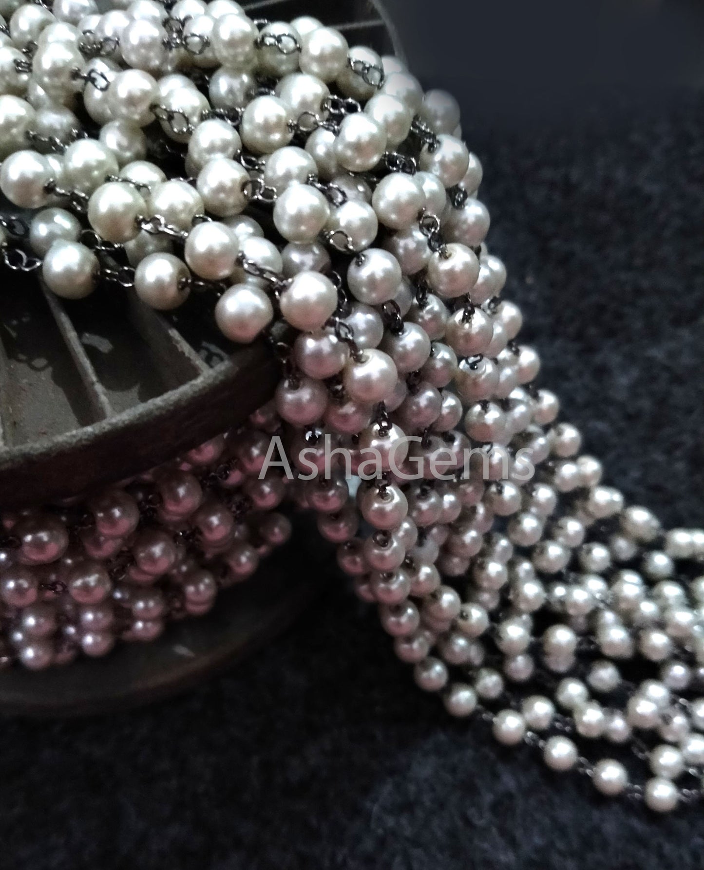 6mm Pearl Hydro Beads Rosary Chain Black Metal Plated Wire Wrapped Chain,1-50 Feet Pearl Gunmetal Beaded Rosary Chain Jewelry Craft Necklace