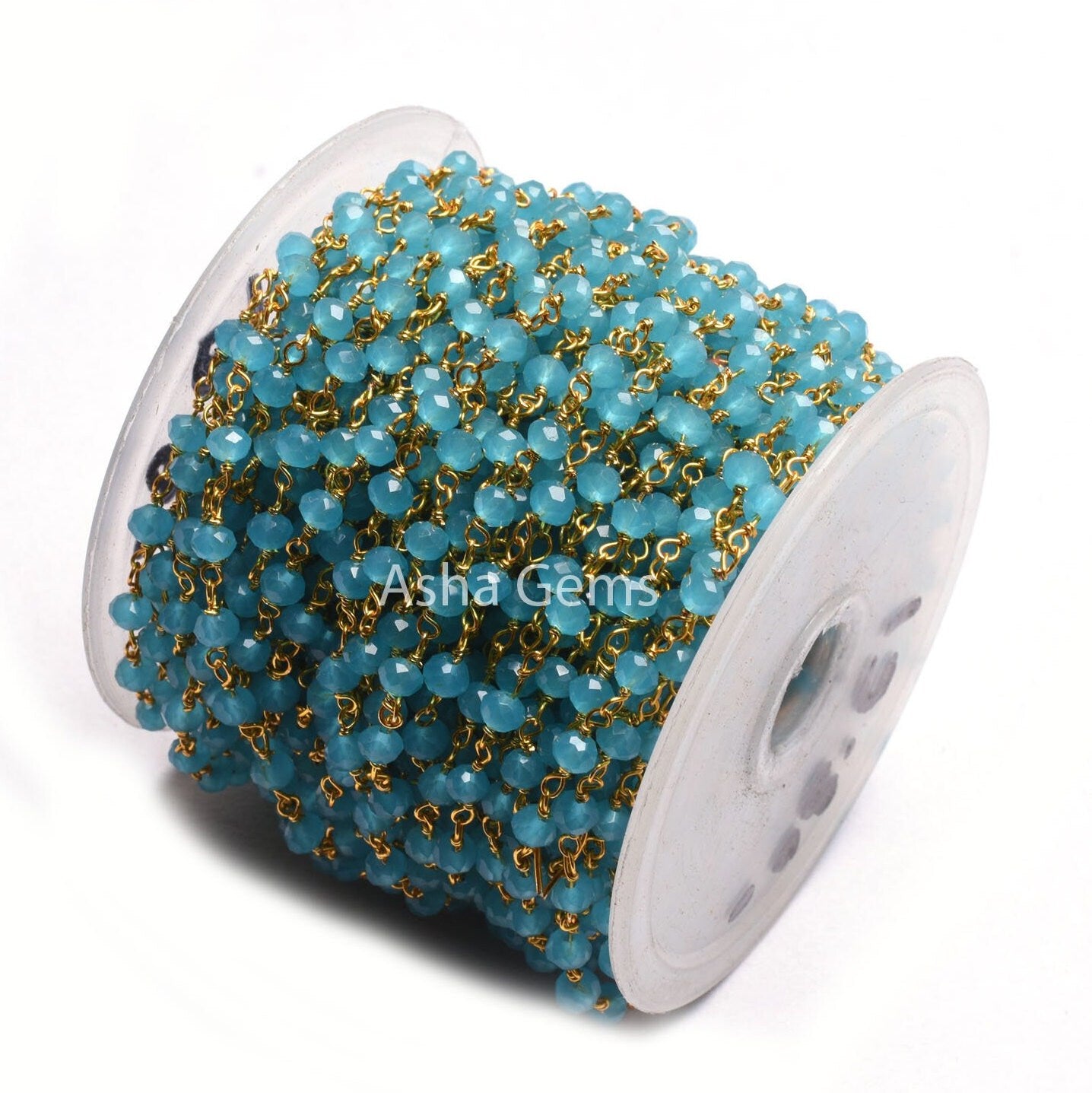 4 mm Blue Milky Chalcedony Hydro Beads Rosary Chain 1,3,5,10,25 Feet Gold Plated Wire Wrap Faceted Rondelle Beaded Rosary Chain Jewelry SALE