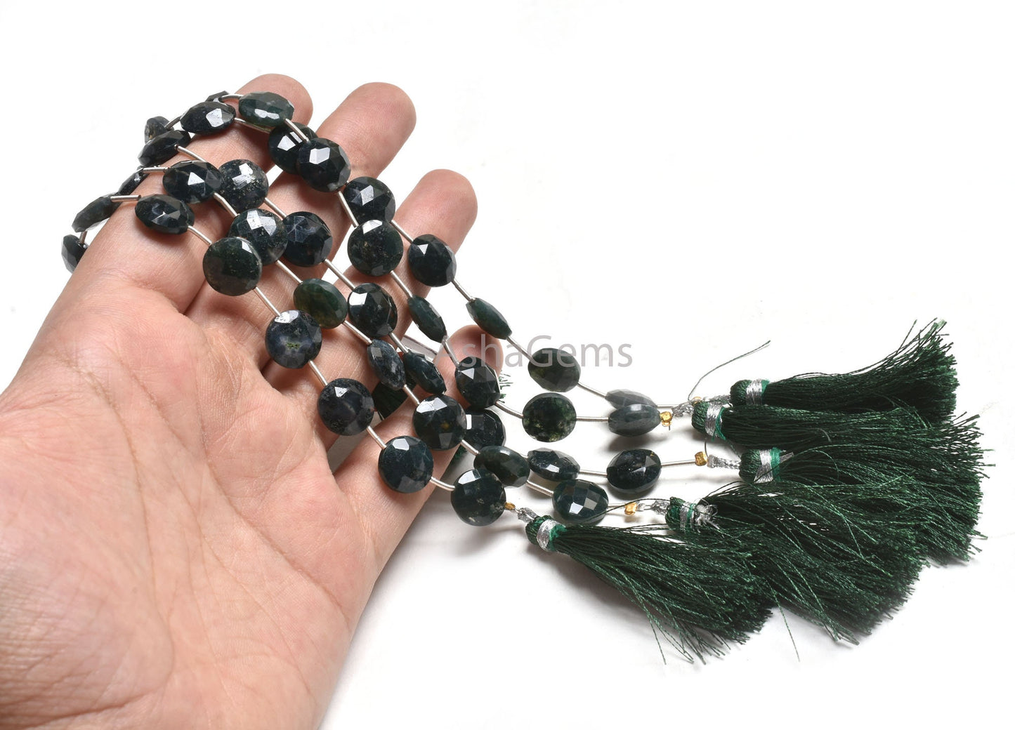 11 mm Beautiful Moss Agate Coin Shape Gemstone Beads, Natural Rare Dark Green Agate Fancy Coin Faceted Briolette Straight Drill Bead Jewelry