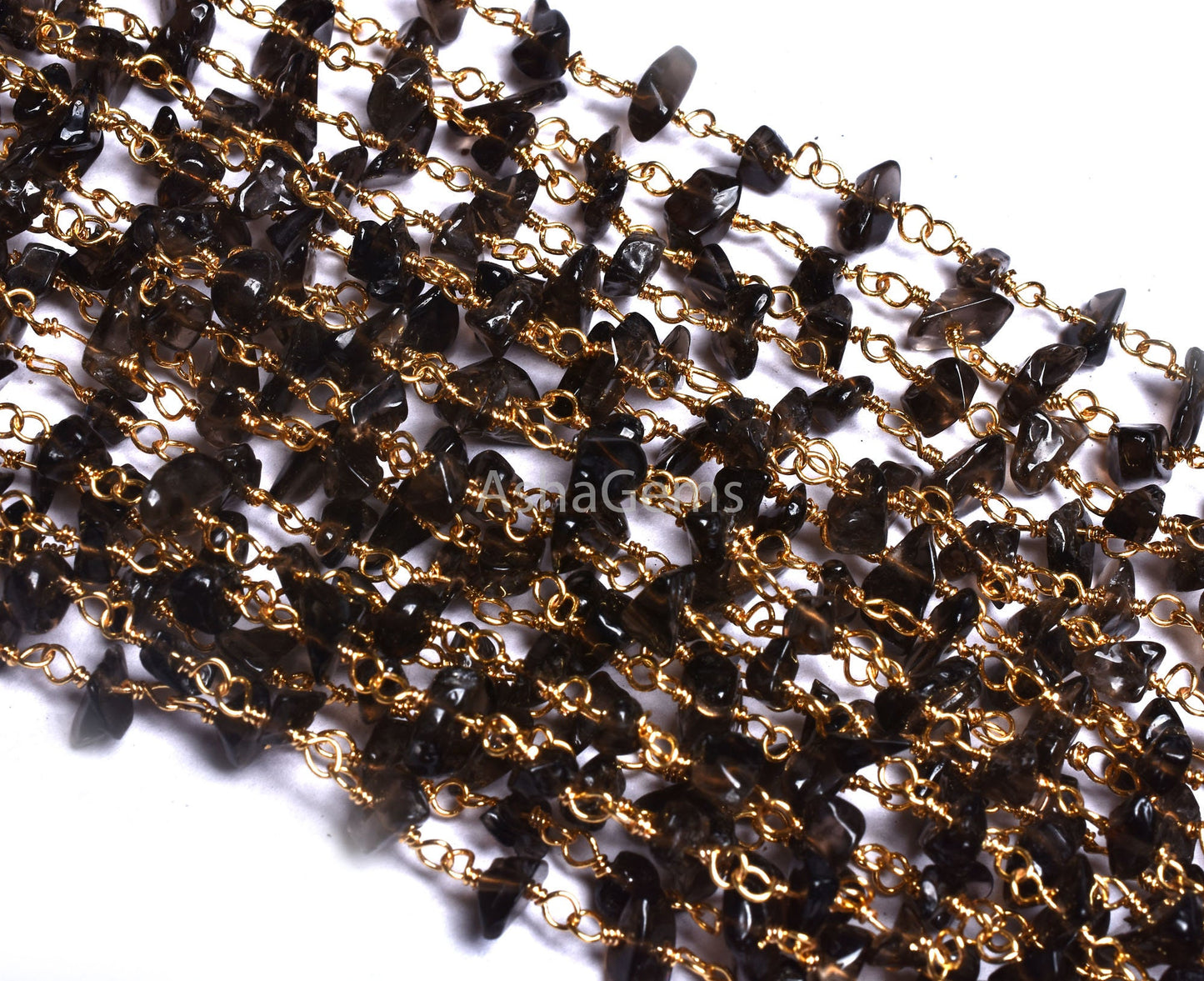 1,10,25 Foot Natural Smoky Quartz Uncut Chips Rosary Beads Chain, Gold Plated Wire Wrap Bulk Roll Jewelry Making raw Gemstone Nugget Chains