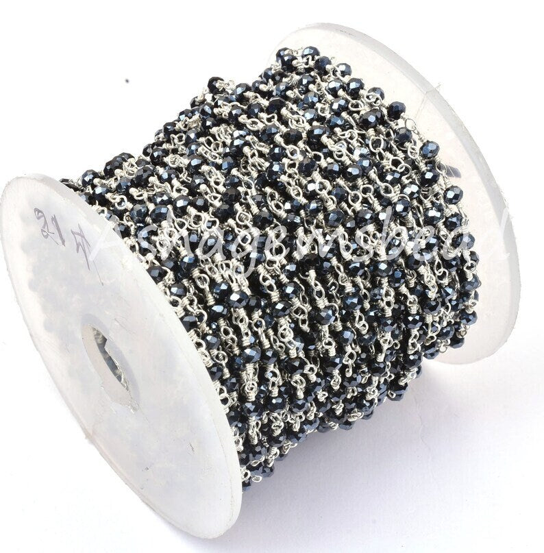 AAA Black Spinel Hydro Silver Coated Beads Rosary Chain By Feet,3mm Silver Plated Wire Wrap Bulk Roll Micro Cut Beads Chain Jewelry Necklace