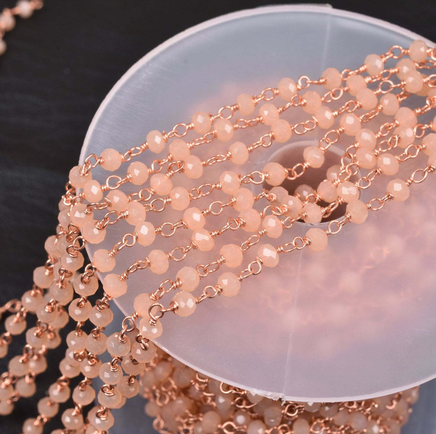 3,5,10,25 Ft,Peach Moonstone Hydro Faceted Rondelle Beaded Rosary Chain Rose Gold Plated,Jewelry Making,Finding,Wire Wrapped Chain,3-3.5 mm