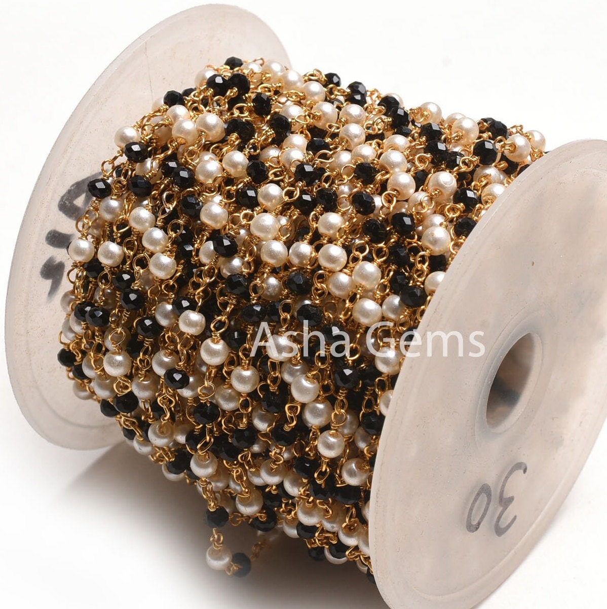 Beautiful Pearl Black Onyx Hydro Micro Cut Beads Rosary Chain, Gold Plated Wire wrap Bulk Rosary Chain By Foot Necklace Jewelry Making Chain