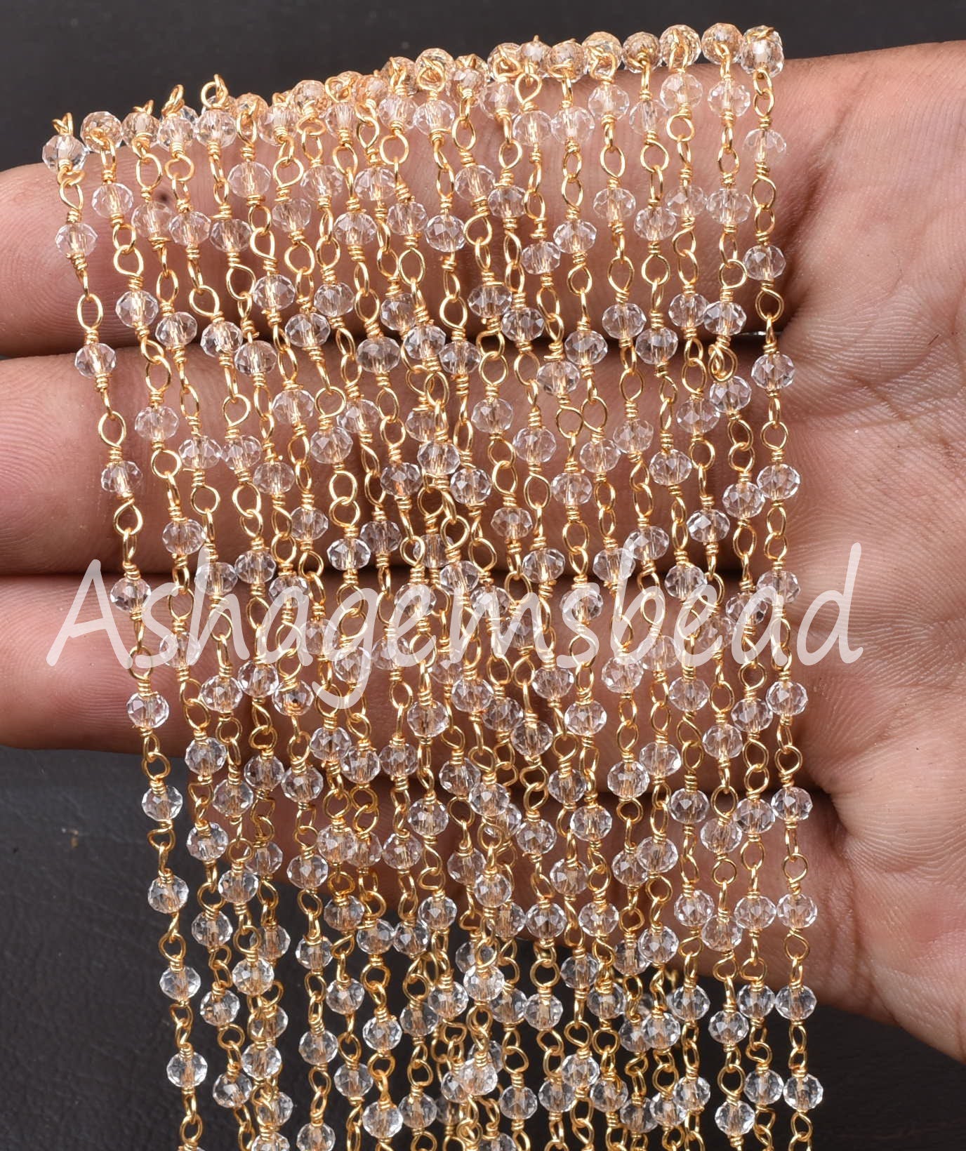 1,3,5,10,50 Ft,Clear Crystal Quartz Hydro Faceted Rondelle Beads Rosary Chain,3mm,Gold Plated Wire,Beaded Chain,Finding,Jewelry Making,Craft