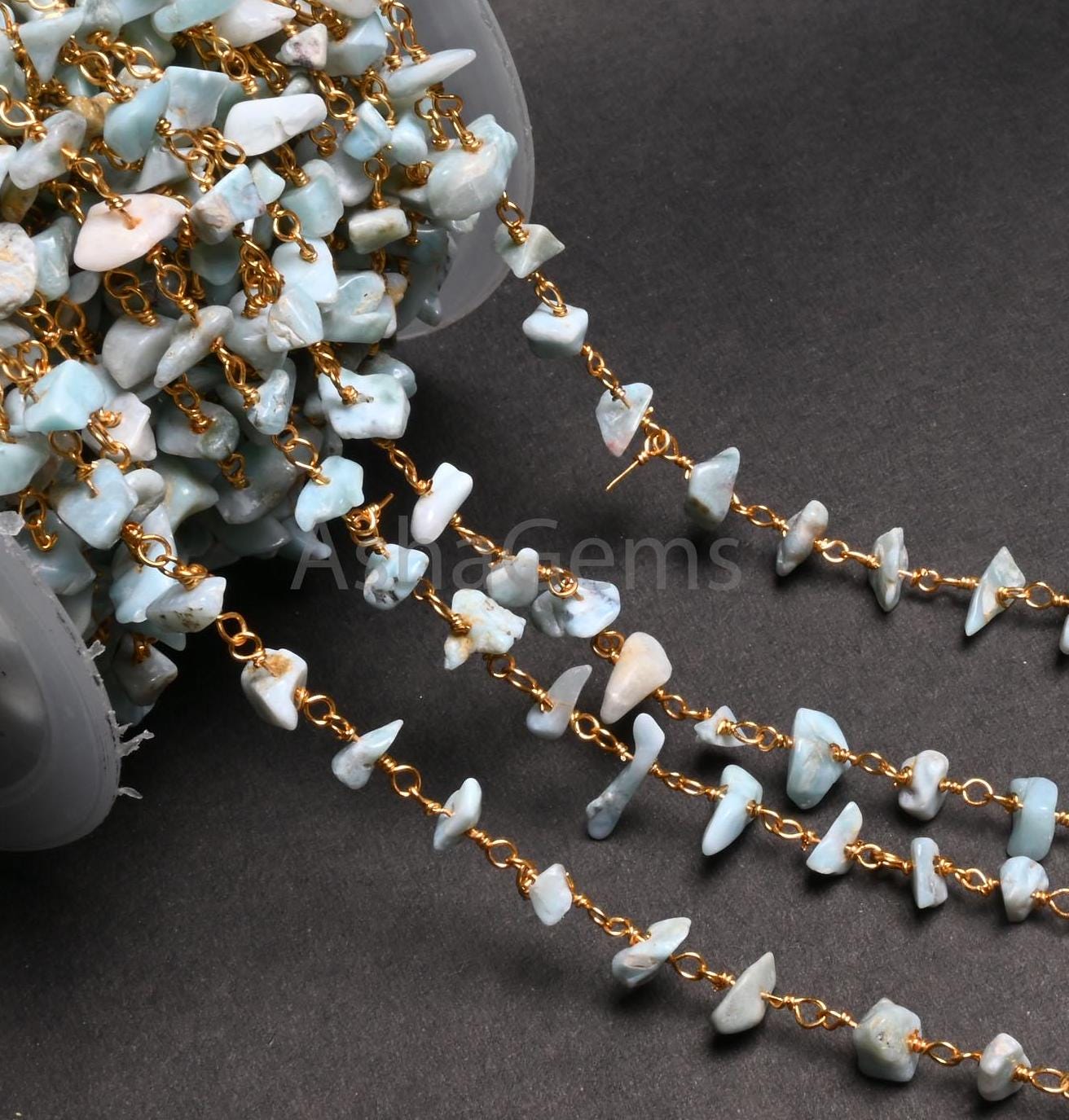 3,5,10,25,Ft Natural Blue Larimar Uncut Chip Beads Rosary Chain Gemstone Beads Chain,Smooth Nugget Beaded Chain,Gold Plated Wire,Finding,