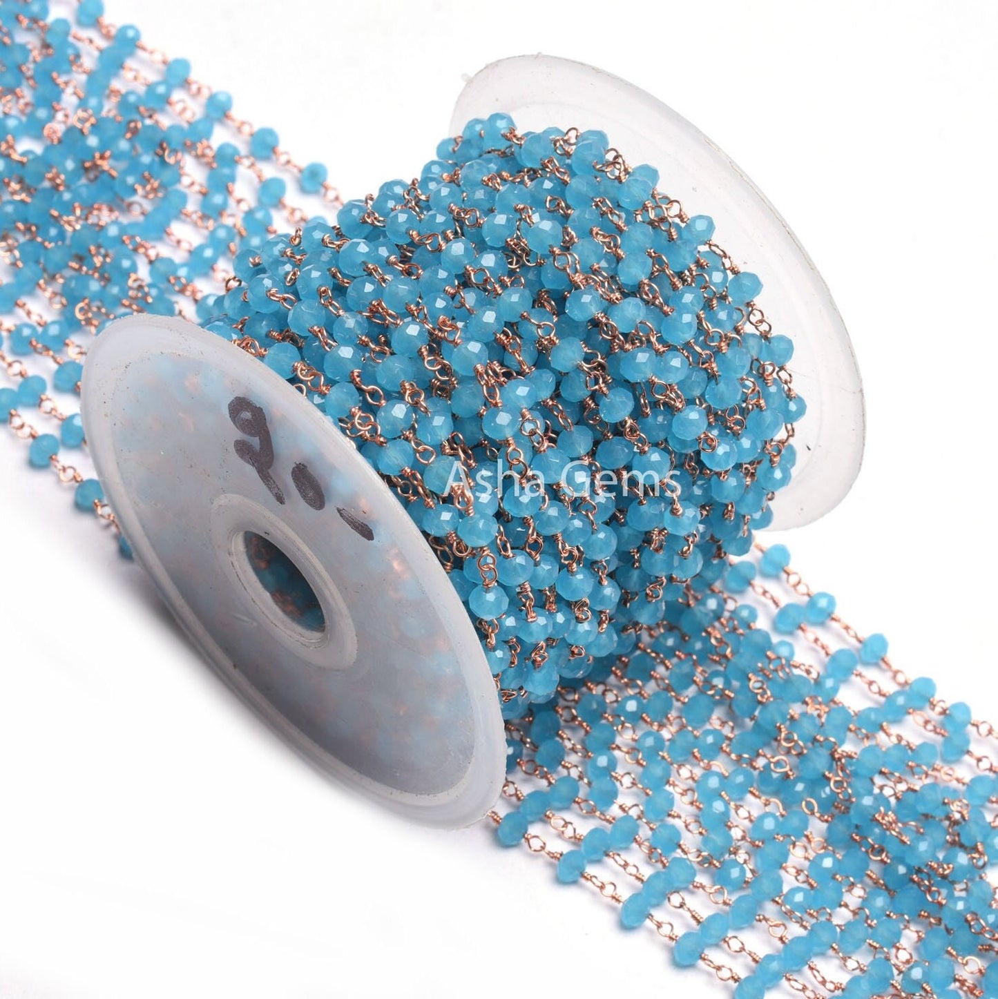 4mm Dark Blue Milky Chalcedony Hydro Faceted Rondelle Beads Rosary Chain Rose Gold Plated Copper Wire Wrap handmade Bead Chain Jewelry Craft