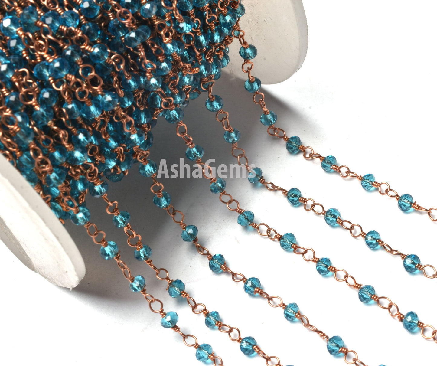 3,10,50 Feet Blue Topaz Hydro Faceted Rondelle Beads Rosary Chain Rose Gold Plated Copper Wire Wrapped Jewelry Making Chain Rosary Necklace