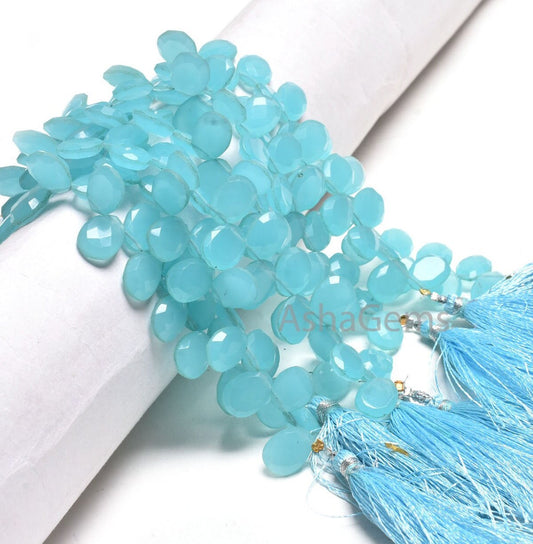 Beautiful Aqua Blue Chalcedony Hydro Fancy Shape Gemstone Beads,9-12.5 mm AAA Chalcedony Hydro Faceted Egg Shape Briolette Side Drill Beads