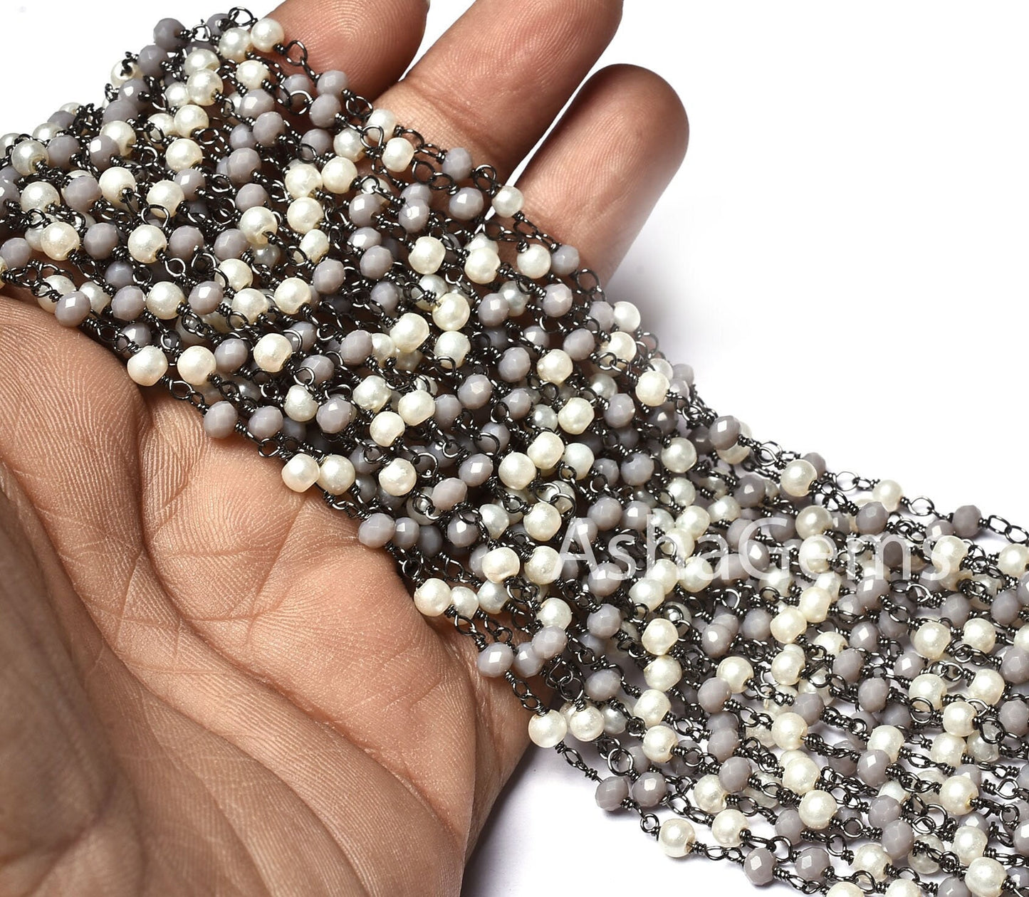 Fine White Pearl, Grey moonstone Hydro Beads Rosary Chain, Multi Color Rondelle Beaded Chain Black Plated Wire Wrap Gunmetal Chains Jewelry