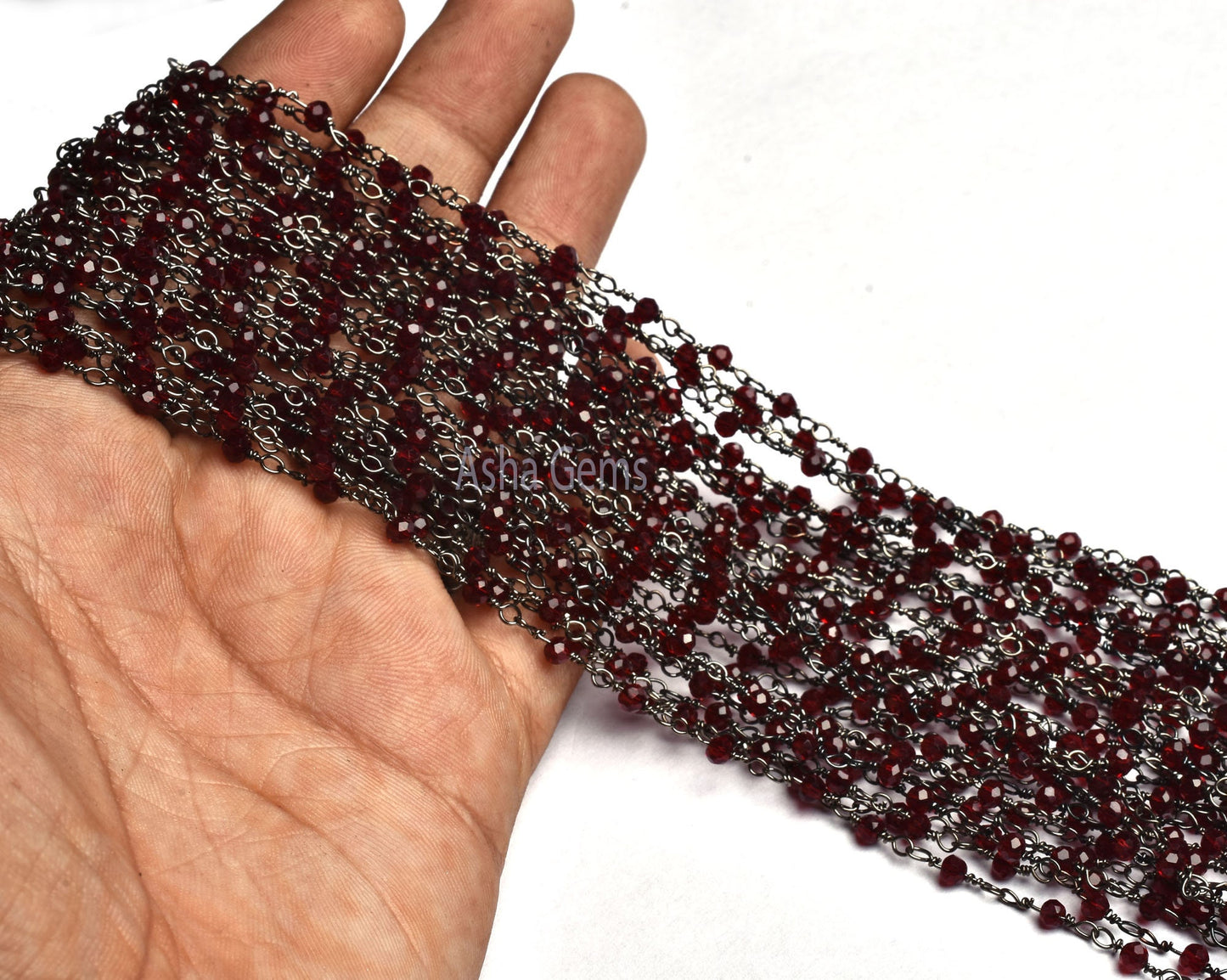 3,10,50 Feet Bulk Roll Garnet Micro Cut Faceted Beads Rosary Chain Gunmetal Rondelle Beaded Chain Black Plated Wire Wrap Chain Jewelry Craft