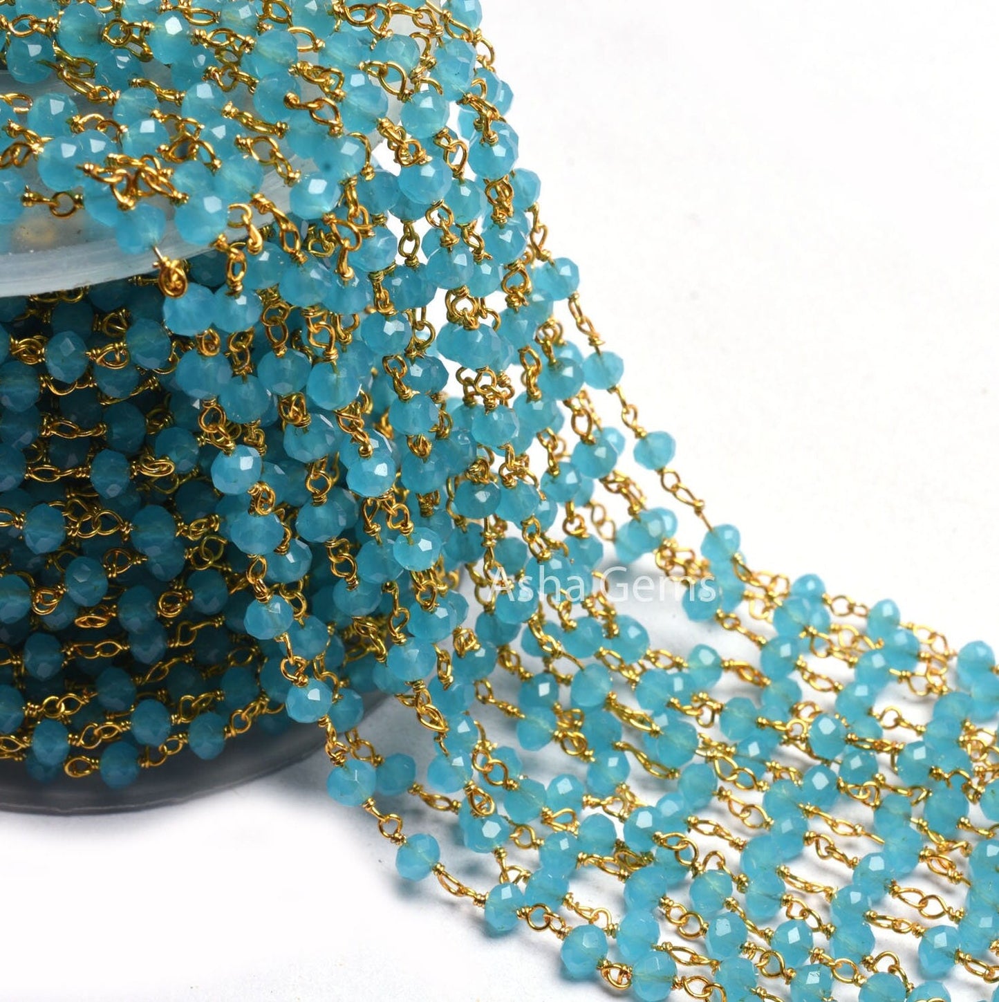 4 mm Blue Milky Chalcedony Hydro Beads Rosary Chain 1,3,5,10,25 Feet Gold Plated Wire Wrap Faceted Rondelle Beaded Rosary Chain Jewelry SALE