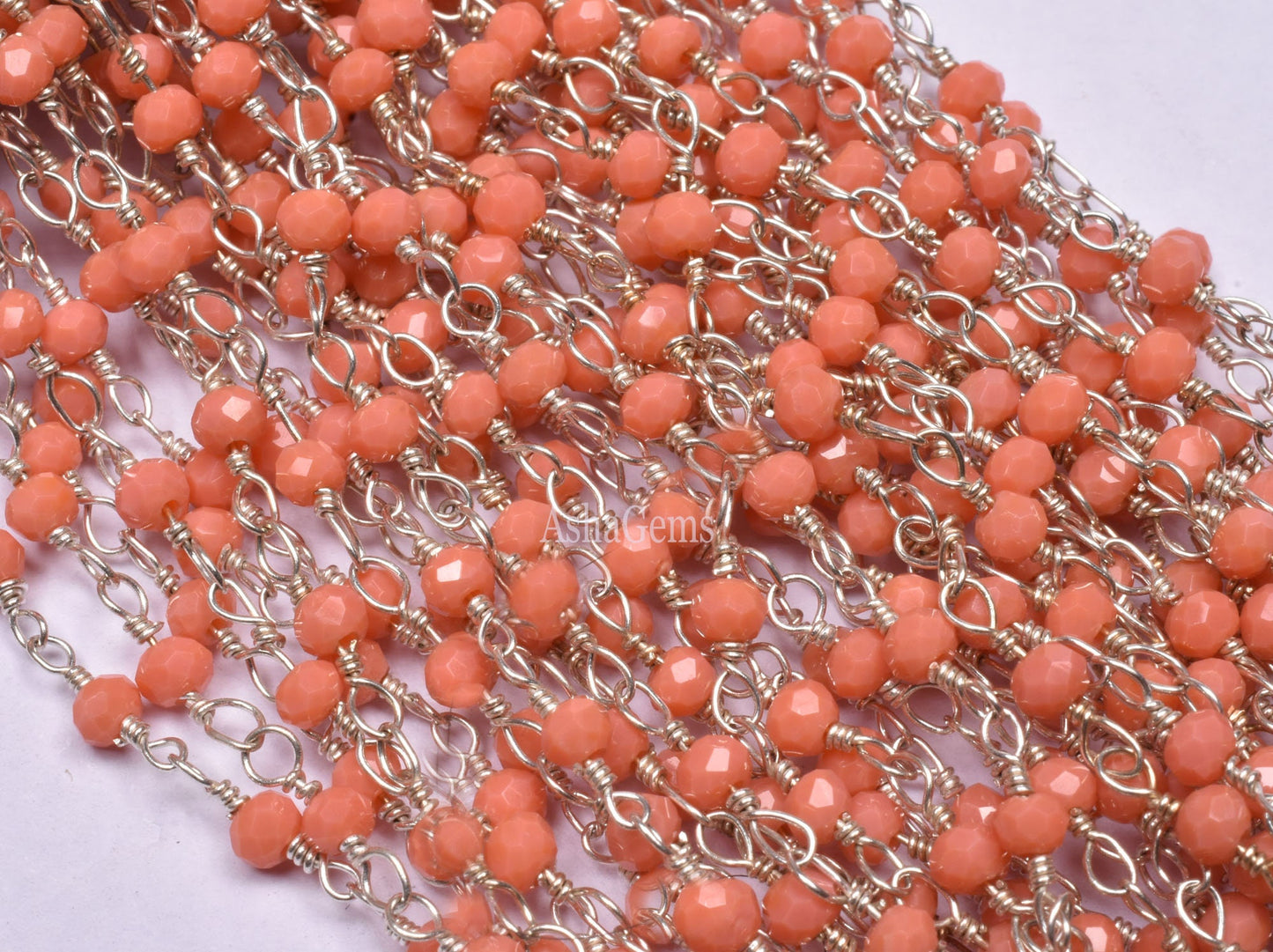 Beautiful Orange Coral Hydro Faceted Rondelle Beads Rosary Chain Silver Plated Wire Wrap Jewelry Making Chain,3-3.5mm Beaded Handmade Chains