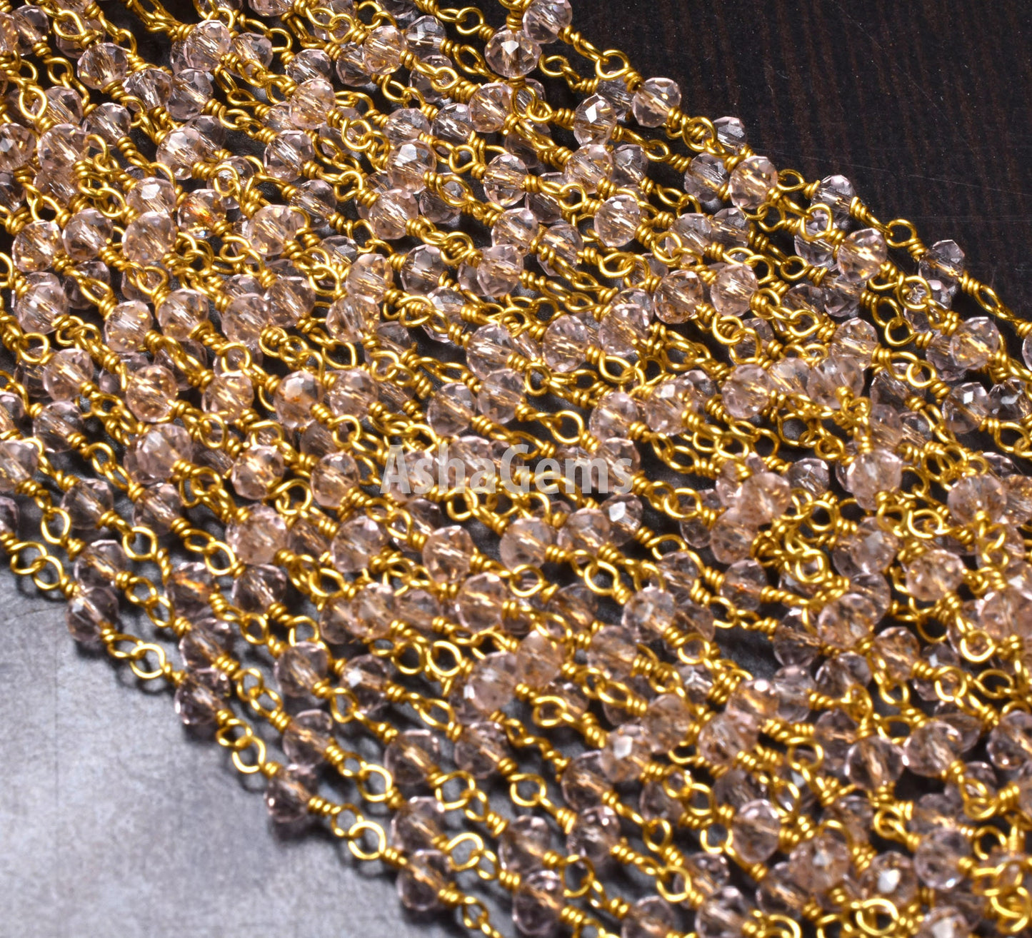 Beautiful Light Pink Quartz Hydro Faceted Rondelle Beads Rosary Chain,3-3.5mm Gold Plated Wire Wrap Beaded handmade Chain Jewelry Craft SALE