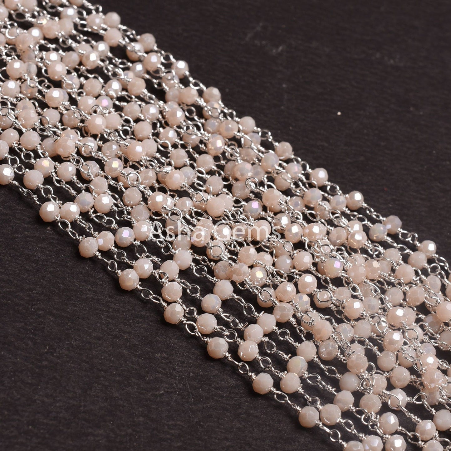 Silver Plated 3,5,10,25Ft,Pink Opal Hydro Coated Rondelle Faceted Beaded Rosary Chain Wire Bulk Roll Finding Chain 3-3.5mm Bead Rosary Chain