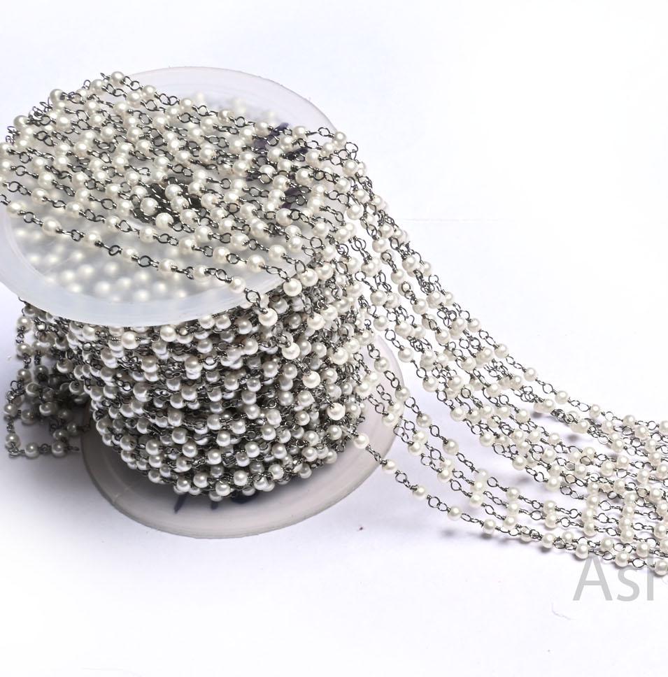 Beautiful  White Pearl Hydro smooth Rondelle Beads Rosary Chain,3 mm Gold, Black Plated Wire Wrap Beaded handmade Chain Jewelry Making Craft