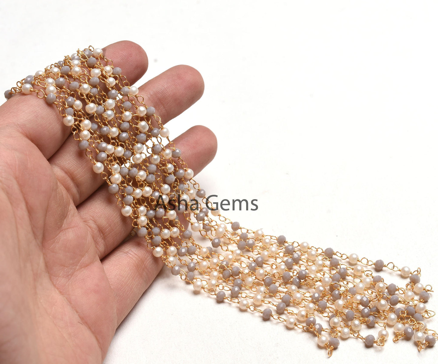 SALE Beautiful White Pearl, Grey moonstone Hydro Beads Rosary Chain, Faceted Rondelle Beaded Gold Plated, Wire Wrapped Jewelry Making Chain