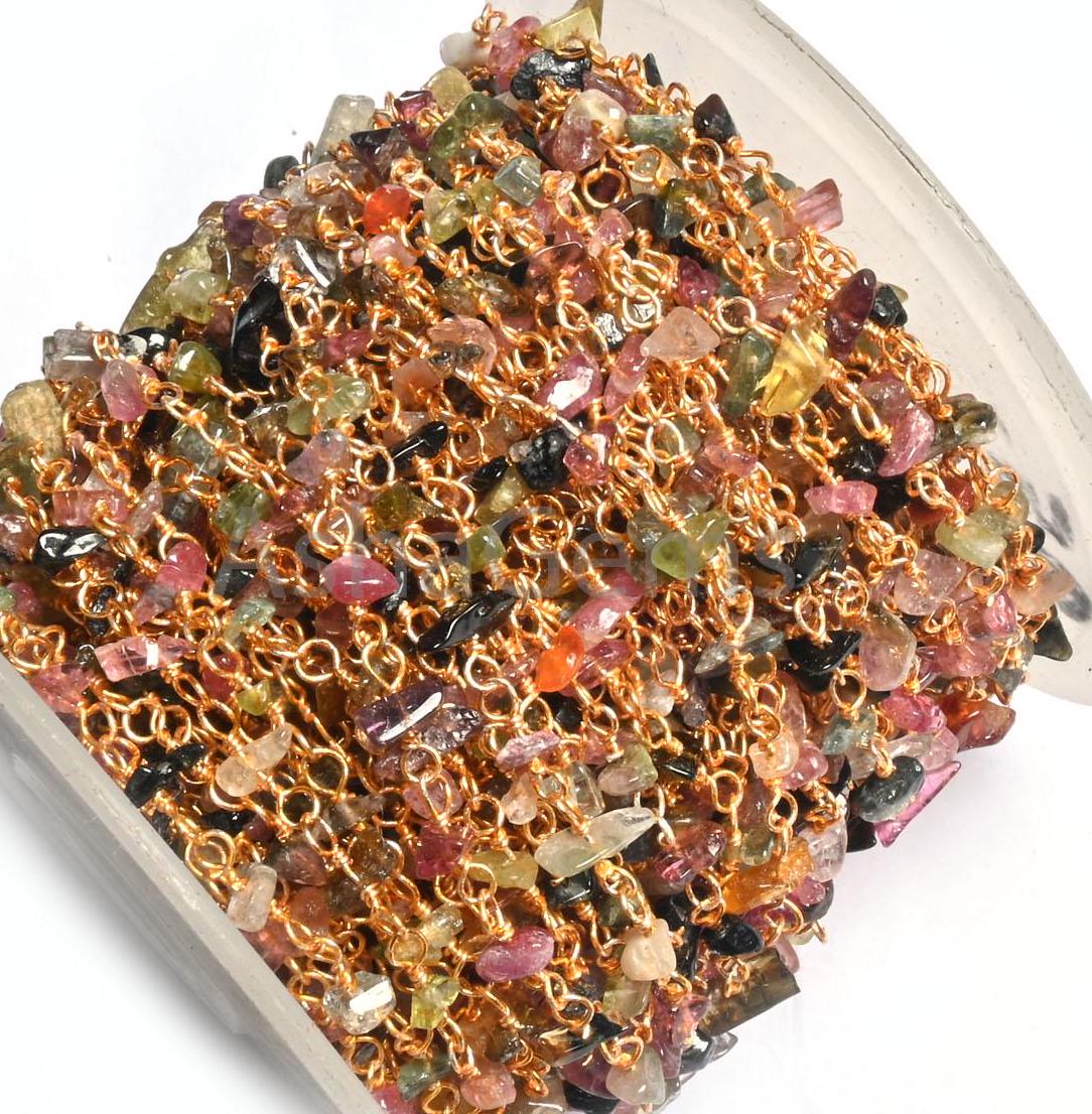 Beautiful Multi Tourmaline Uncut chips Chain, Natural Gemstone Uncut beads rosary chain Gold Plated wire Beaded Chain by Foot, Jewelry Craft