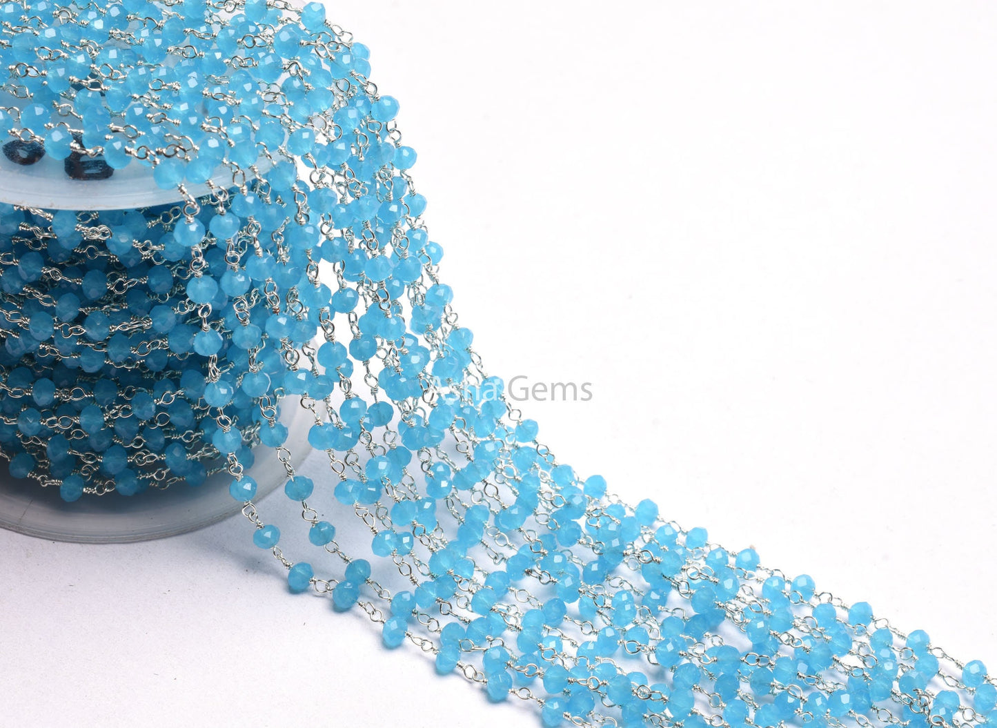 AAA Blue Milky Chalcedony Hydro Beads Rosary Chain by feet,4 mm Silver Plated Wire Wrap Micro Cut Rondelle Faceted Bead Chain Rosary Jewelry