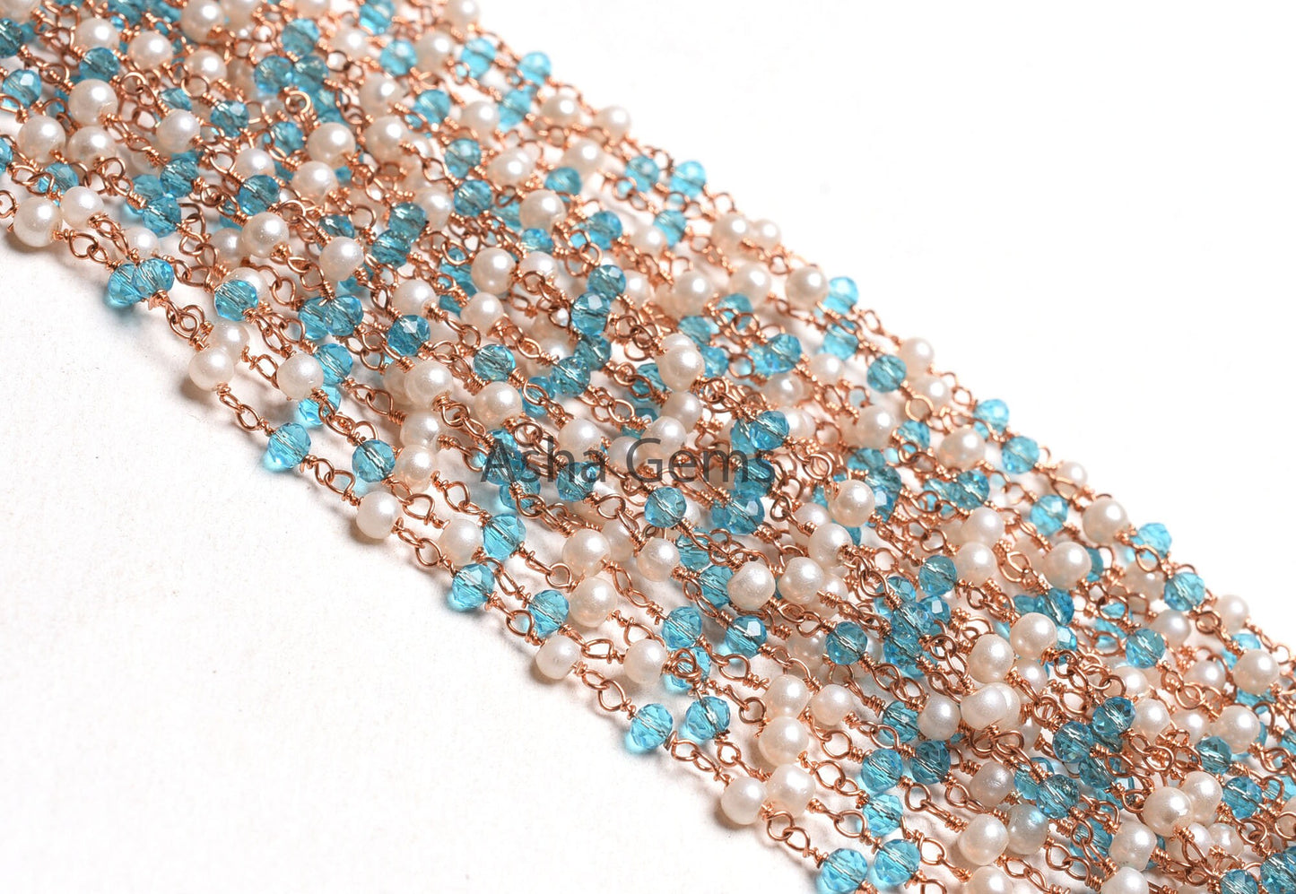 3,5,10,25,50Feet White Pearl, Blue Topaz Hydro Beads Rosary Chain Rondelle Beaded Rose Gold Plated Copper Wire Wrap Jewelry Making Chain 3mm
