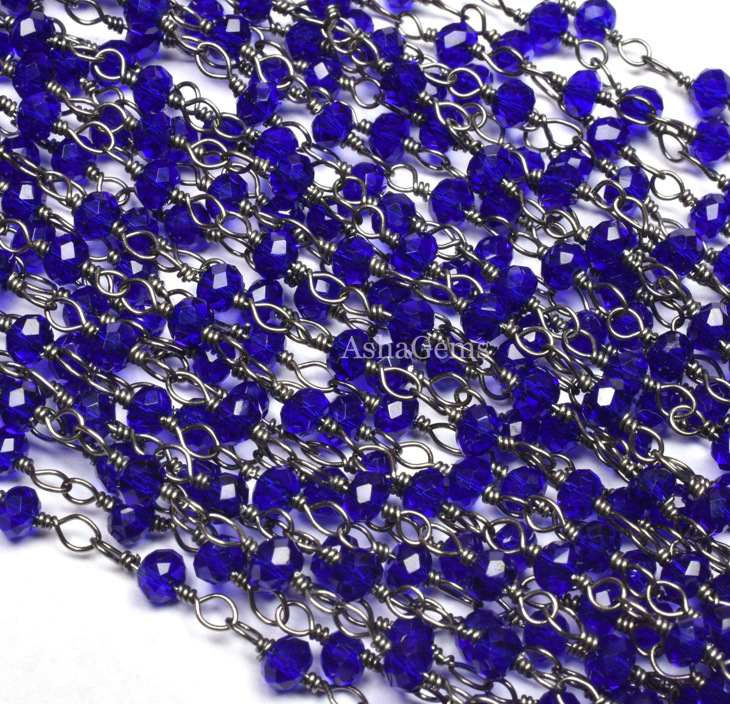 Royal Blue Quartz Hydro Faceted Beads Chain 1-50 Feet Black Metal Plated Wire Chain, 3-3.5 mm Gunmetal Jewelry Making Rosary Chain