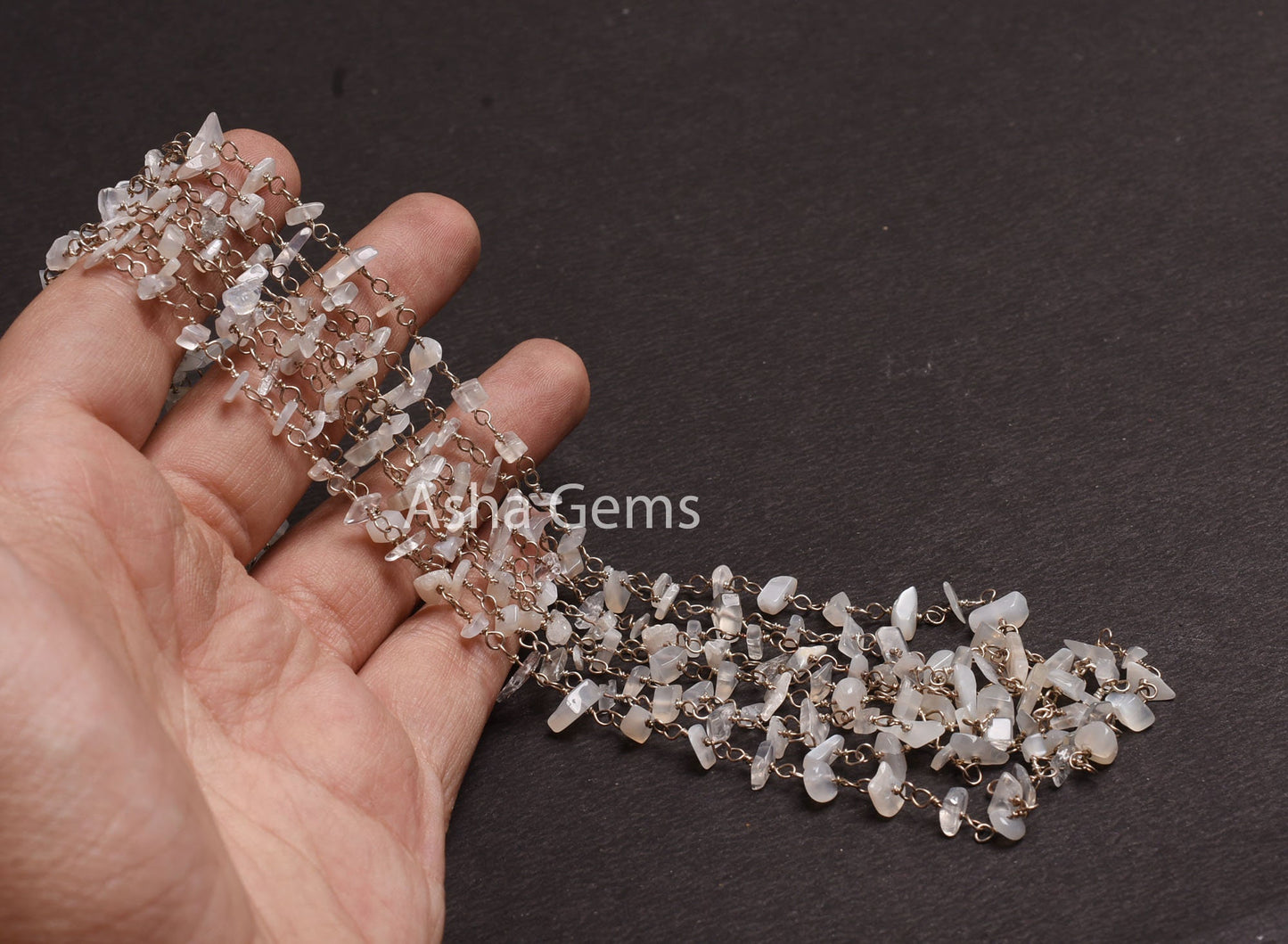 Natural White Moonstone Uncut Chip Beads Rosary Chain, Gemstone Beaded Chain Silver Plated Wire Roll handmade Chain Jewelry Necklace Crafts