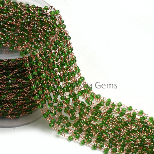 Rosary Chain, Green Chrome Diopside Hydro Faceted Beads Chain Rose Gold Plated Copper wire wrap rondelle Micro cut Beads Handmade Chain SALE