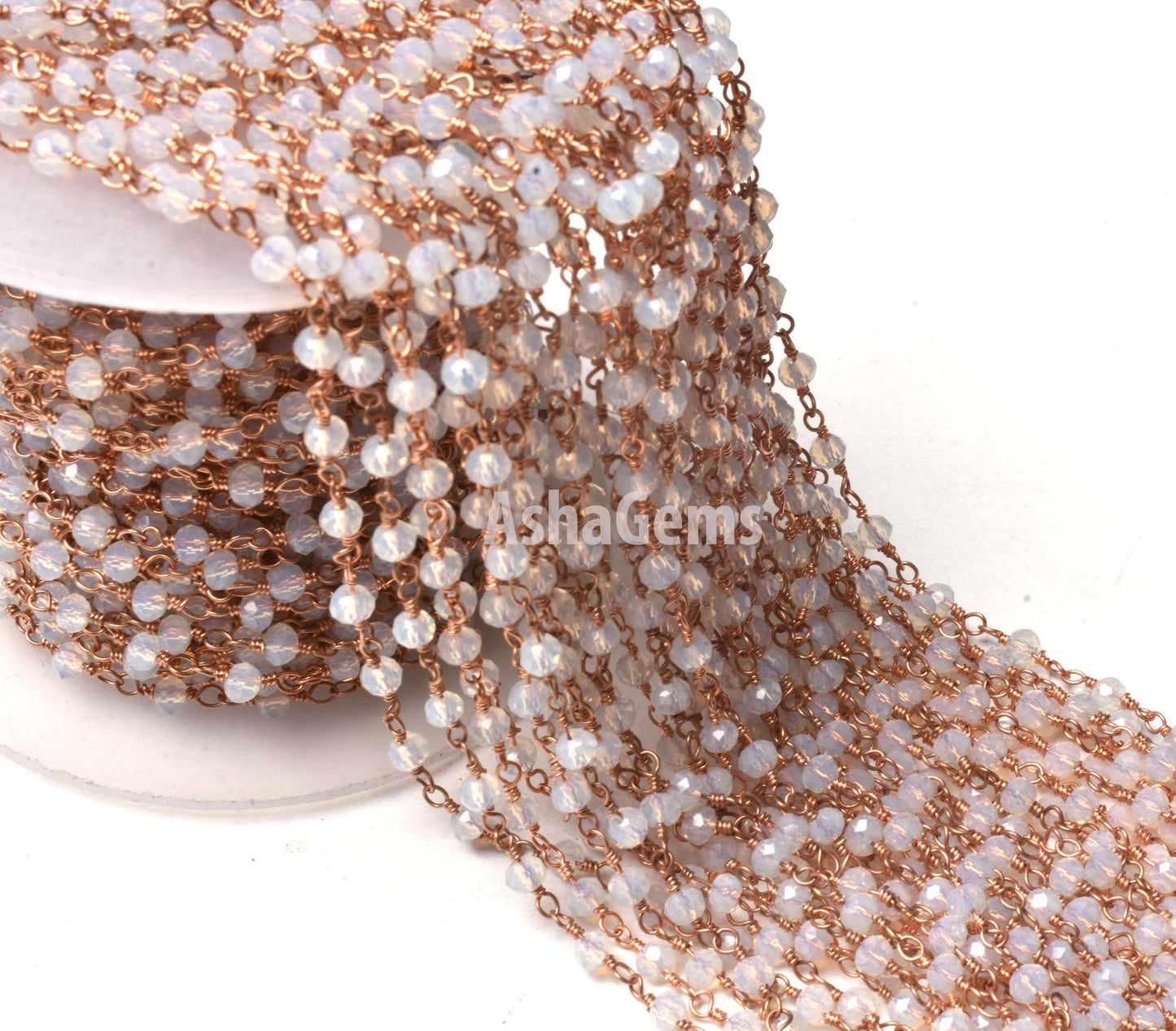 Beautiful Rainbow Moonstone Hydro Rondelle Beads Rosary Chain 3 mm, Rose gold Plated Copper Wire Wrap Micro Cut Beaded Chains Jewelry Making