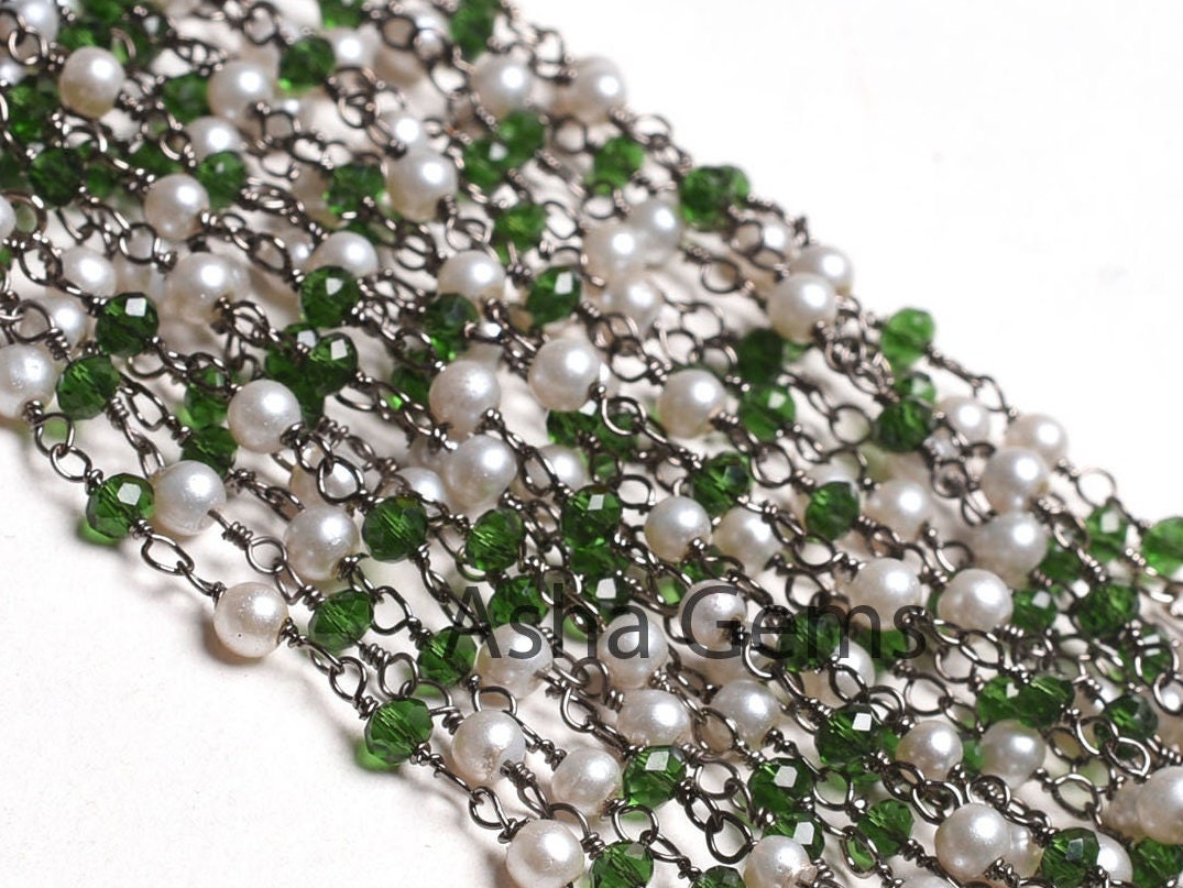 Beautiful Pearl, Chrome Green Hydro Beads Rosary Chain,3 mm Black Plated Gunmetal Wire Wrap Faceted Rondelle Beads Chain Jewelry Making SALE