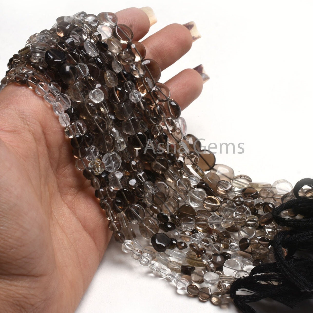Natural Smoky Quartz Smooth Coin Beads,12" Strand Shaded White Black Plain Handmade Uneven Coin Shape Straight Drill Smoky Bead Jewelry SALE