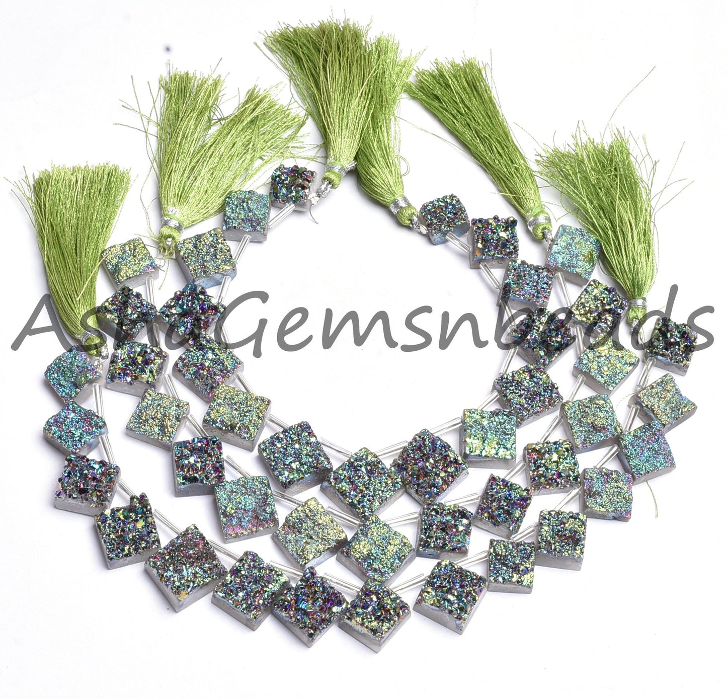 Beautiful Rare Green Mystic Druzy Square Shape Gemstone Beads,8" Drusy Beads, Coated Drusy Fancy shape Side Drill Beads Jewelry Making Craft