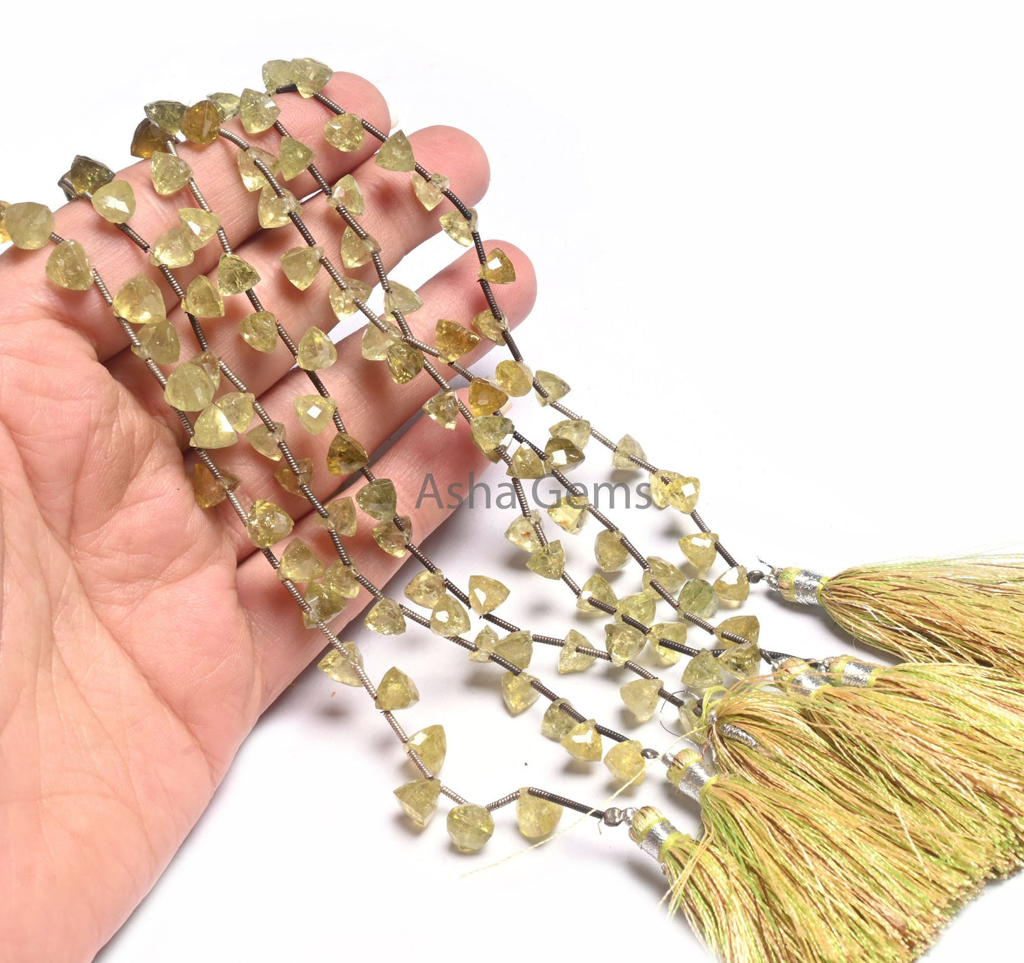 Natural Peridot fancy Pyramid Shape Beads,8"Green Peridot Side Drill Trillion Gemstone faceted Bead, Peridot Samosa Beads Jewelry Craft SALE (AG 18538)