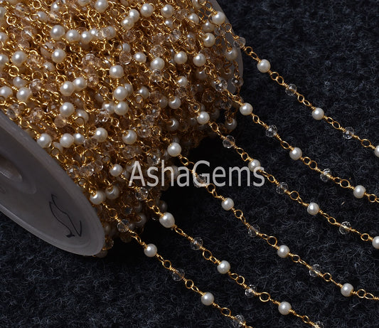 5,10,50 Foot Pearl Clear Crystal Quartz Hydro Faceted Rondelle Beads Rosary Chain Gold Plated Wire Beaded Chain,Finding Jewelry Making Craft