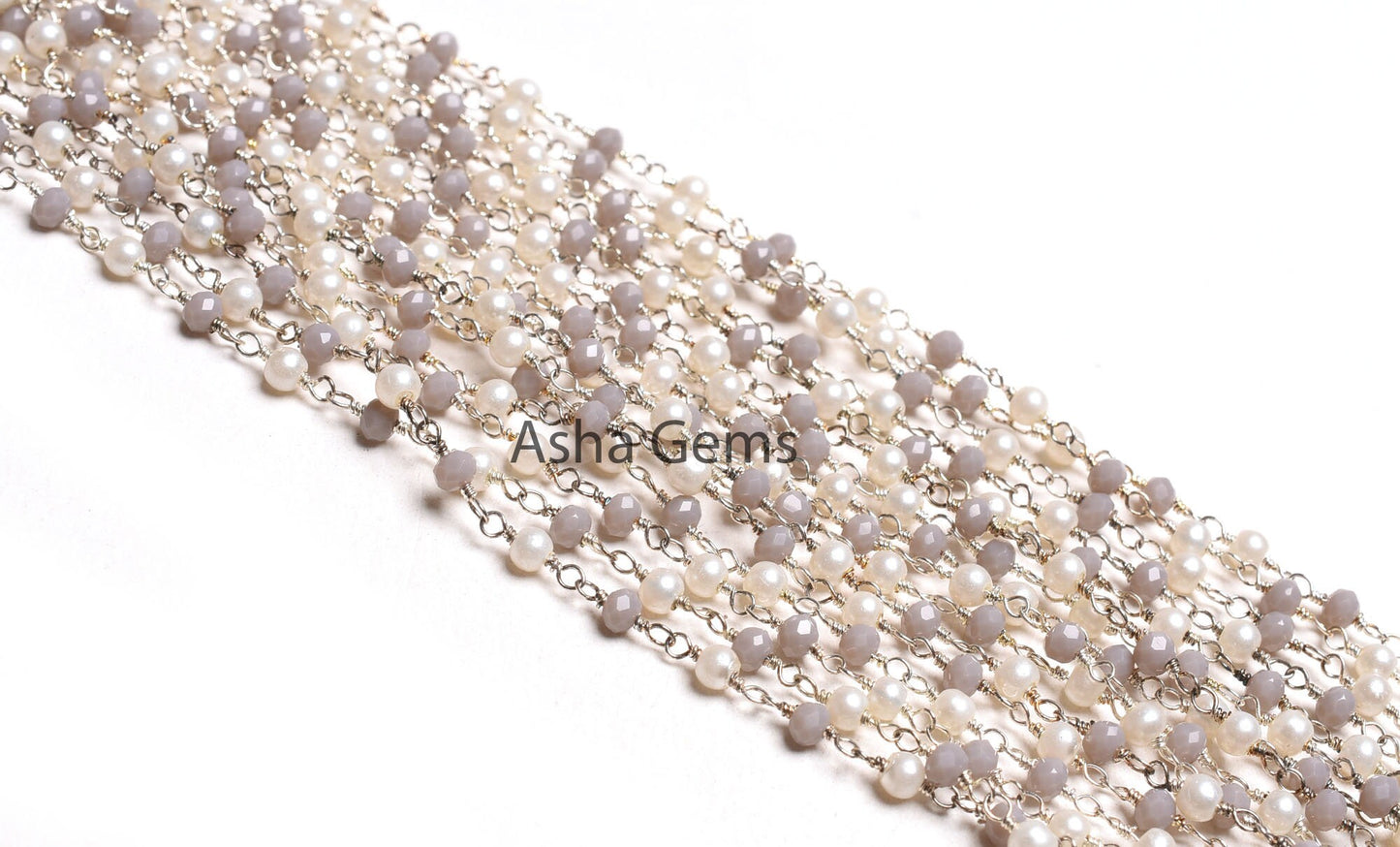 Pearl Grey Moonstone Hydro Beads Rosary Chain 3mm Faceted Rondelle Beads Silver Plated Wire Wrapped Chains Jewelry Making Finding Chain SALE