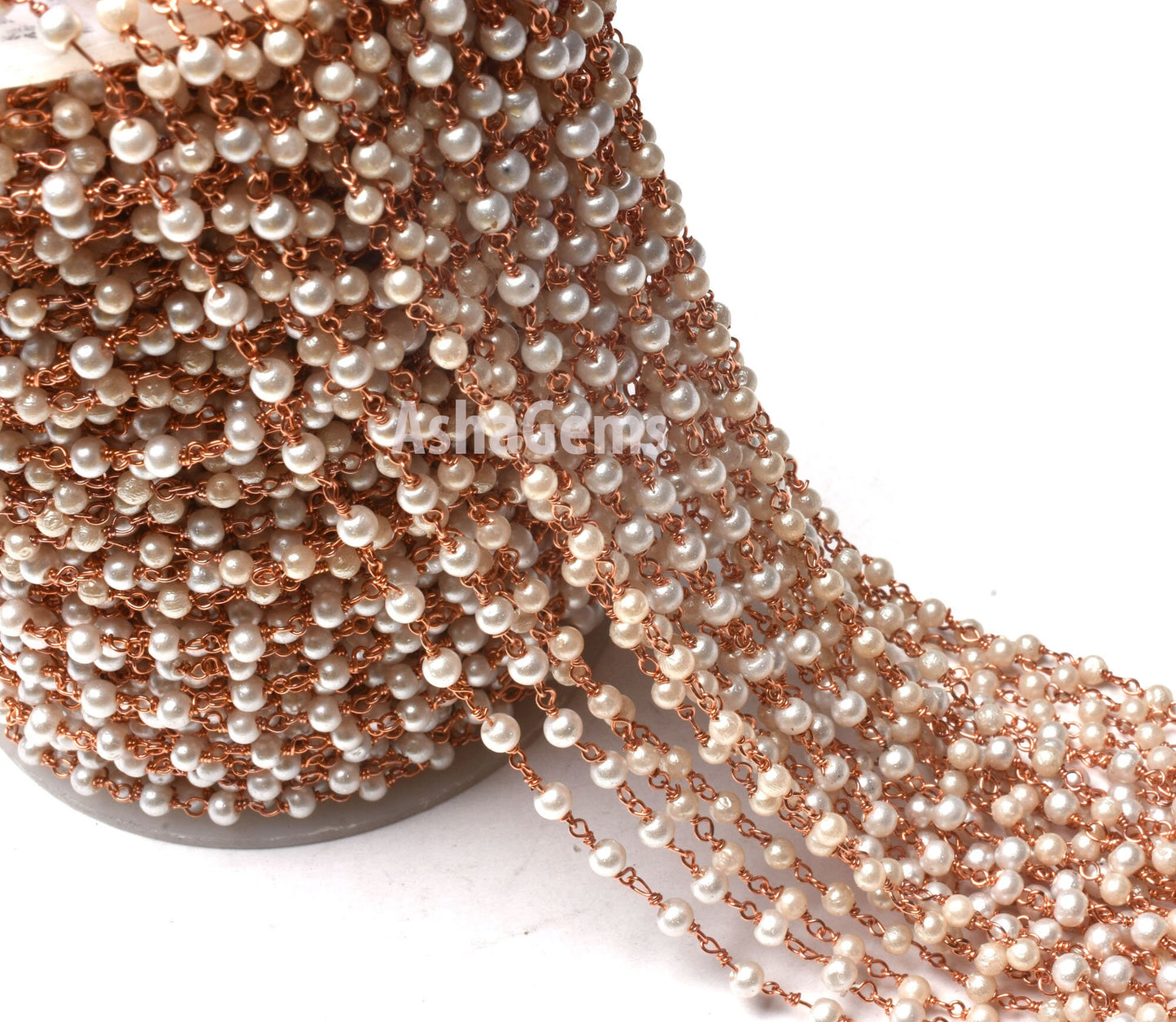 5,10,25,50 Ft Pearl Hydro Rondelle Beads Rosary Chain Rose Gold,Gold Plated Jewelry Making Finding,Wire Wrap Chain 3-3.5mm,White Pearl Chain