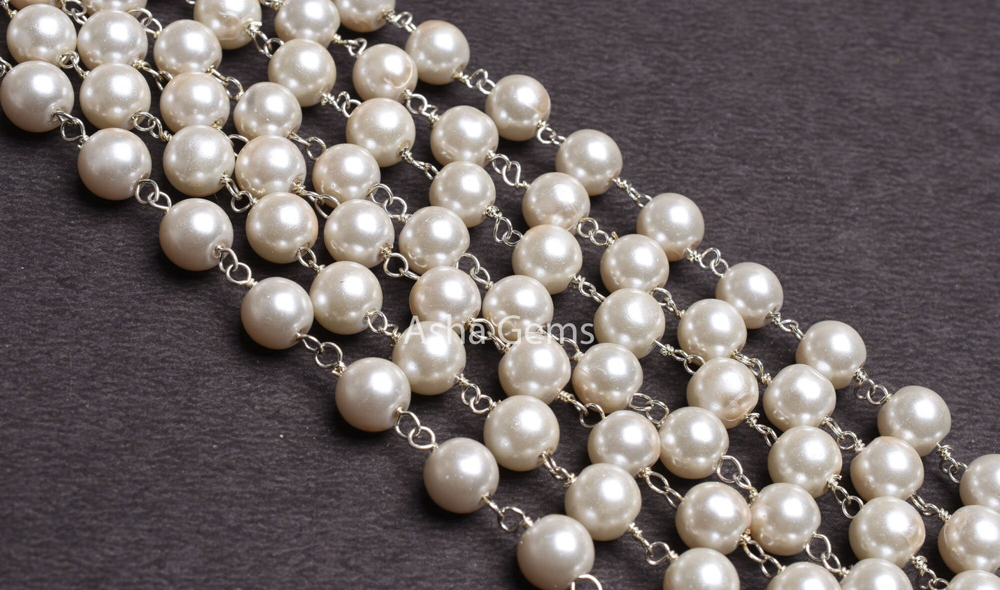 8mm Beautiful White Pearl Hydro Rondelle Beads Rosary Chain Gold Silver Copper Plated Wire Wrap Chains Jewelry Making Necklace Chain By Feet