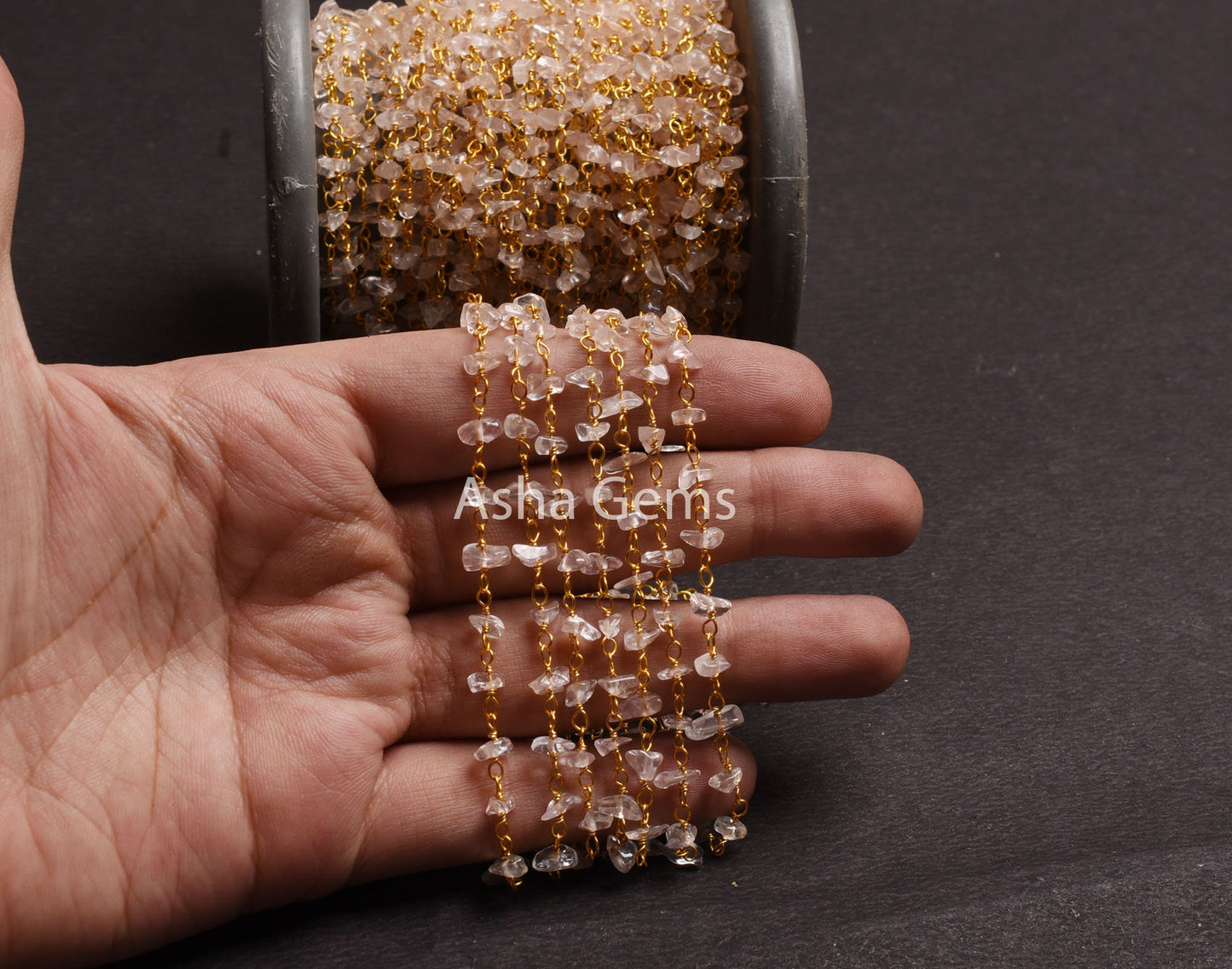 Natural Pink Rose Quartz Uncut Chips Beads Rosary Chain Gemstone Nugget Gold Plated Wire Wrap Beaded Chain By Foot, Jewelry Making Necklace